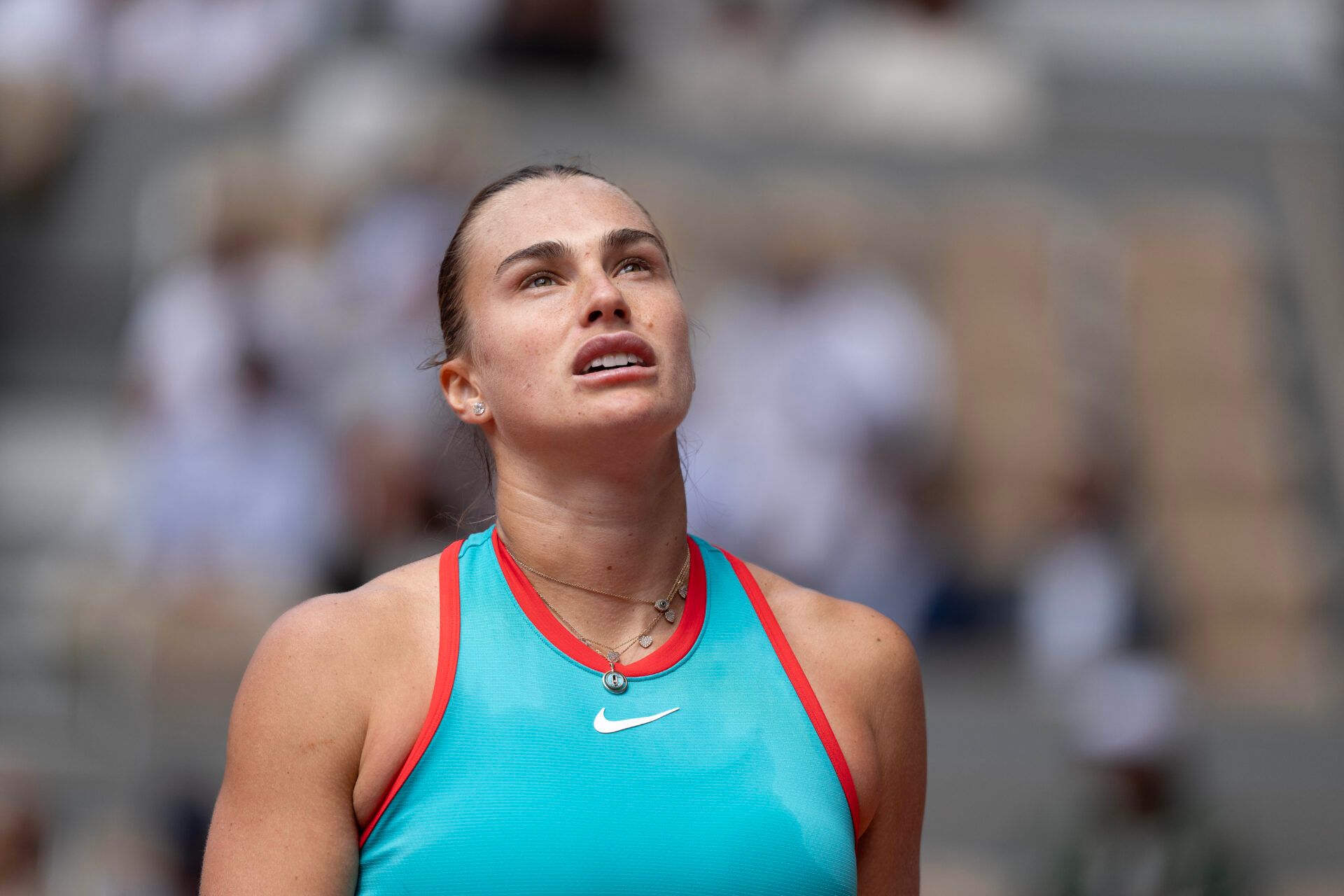 Aryna Sabalenka during her match against Qinwen Zheng  of China on day 10 at Roland Garros Stadium.