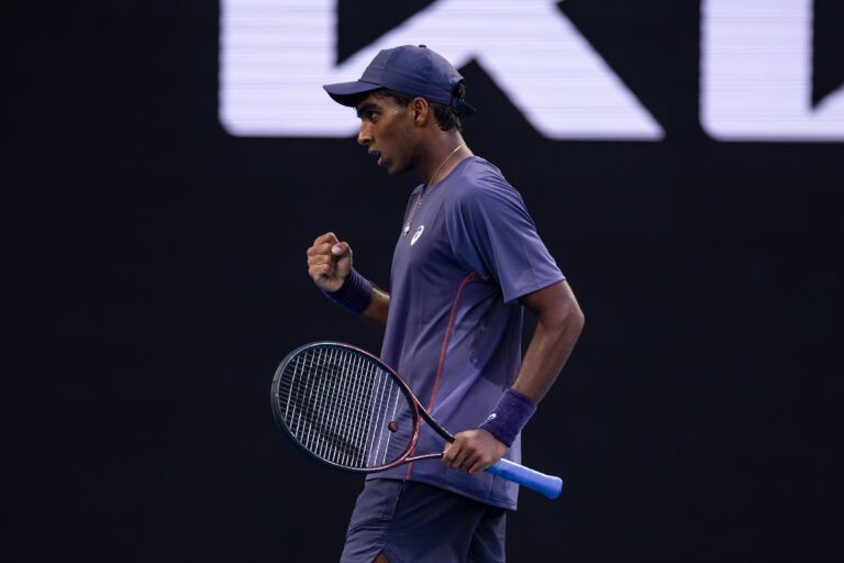 Nishesh Basavareddy of United States of America celebrates during his match against Novak Djokovic of Serbia in the first round of the men's singles at the 2025 Australian Open at Melbourne Park.