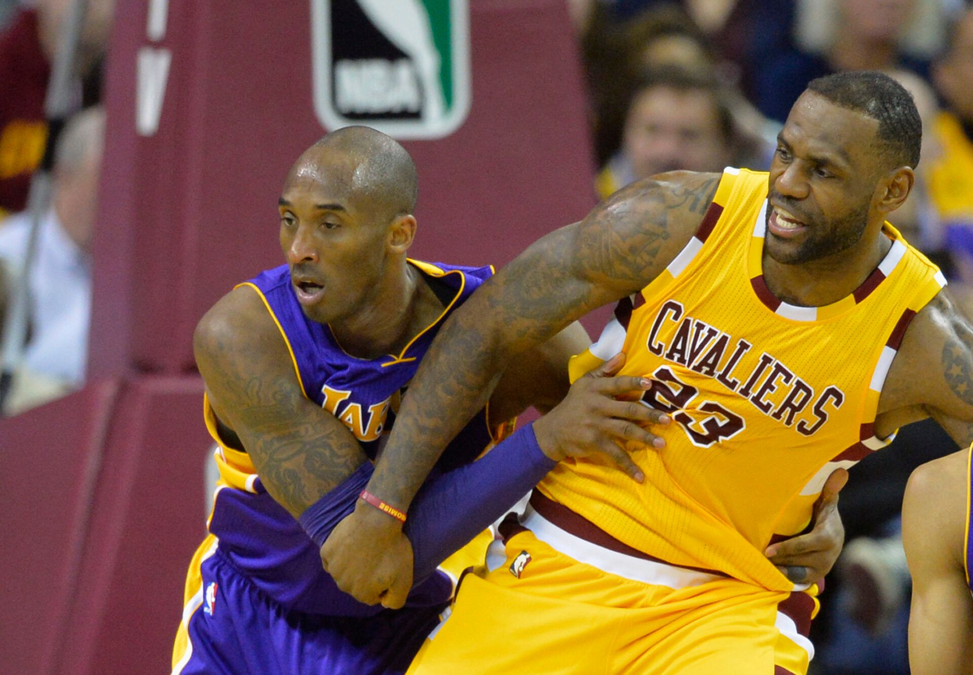 Los Angeles Lakers forward Kobe Bryant (24) defends Cleveland Cavaliers forward LeBron James (23) in the second quarter at Quicken Loans Arena.