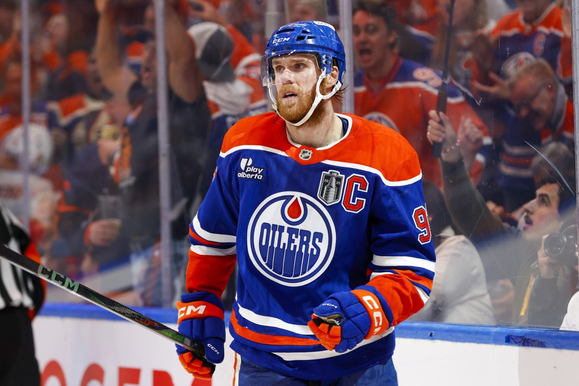 Edmonton Oilers center Connor McDavid (97) celebrates scoring during the third period against the Florida Panthers in game five of the 2025 Stanley Cup Final at Rogers Place.