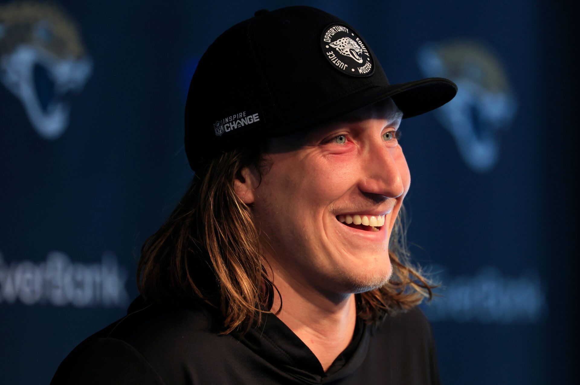 Jacksonville Jaguars quarterback Trevor Lawrence (16) speaks during a press conference at Miller Electric Center Wednesday, April 9, 2025 in Jacksonville, Fla. [Corey Perrine/Florida Times-Union]