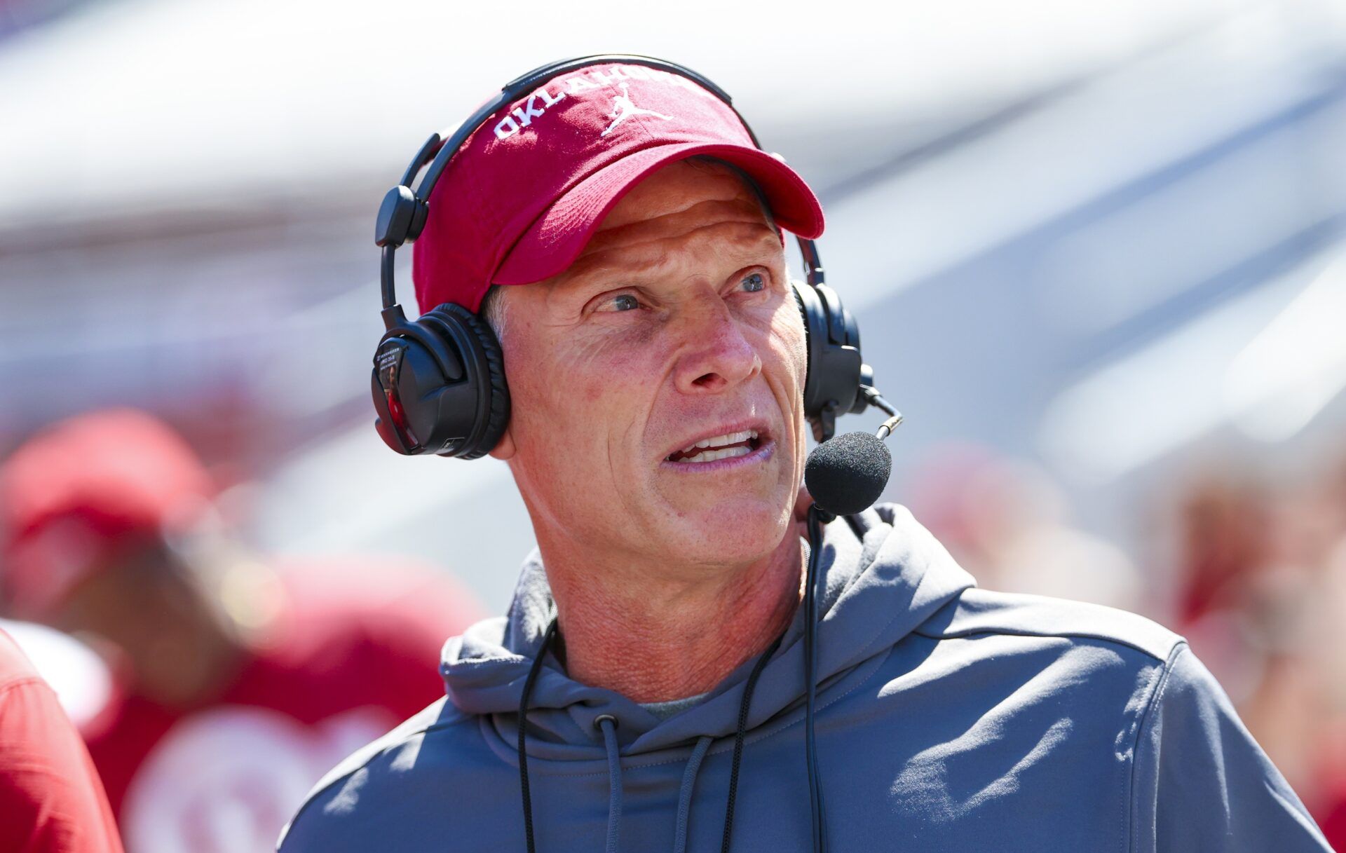 Oklahoma Sooners head coach Brent Venables does an interview during the Crimson Combine at Gaylord Family-Oklahoma Memorial Stadium.