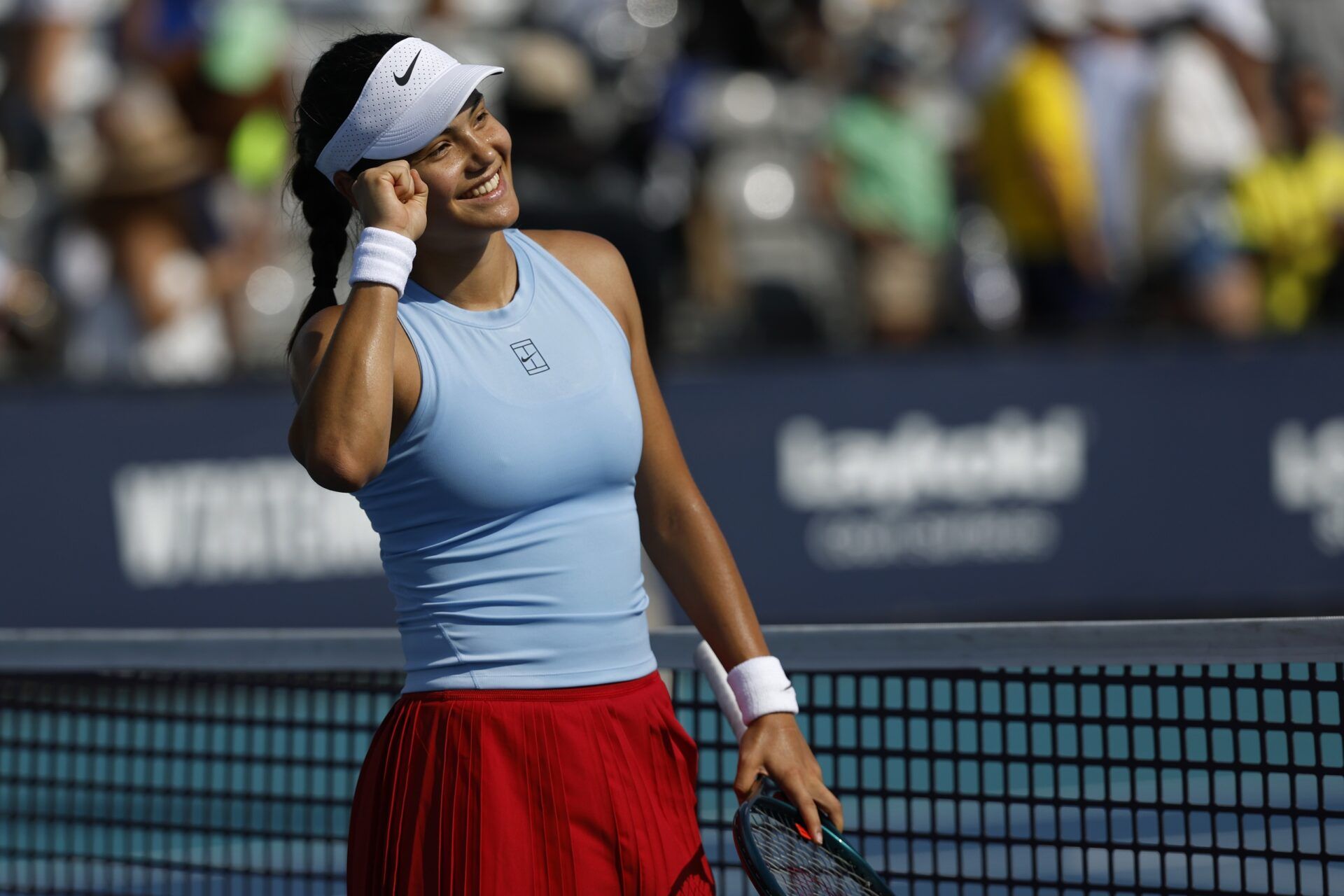 Emma Raducanu (GBR) celebrates after her match against Amanda Anisimova (USA)(not pictured) on day seven of the Miami Open at Hard Rock Stadium.