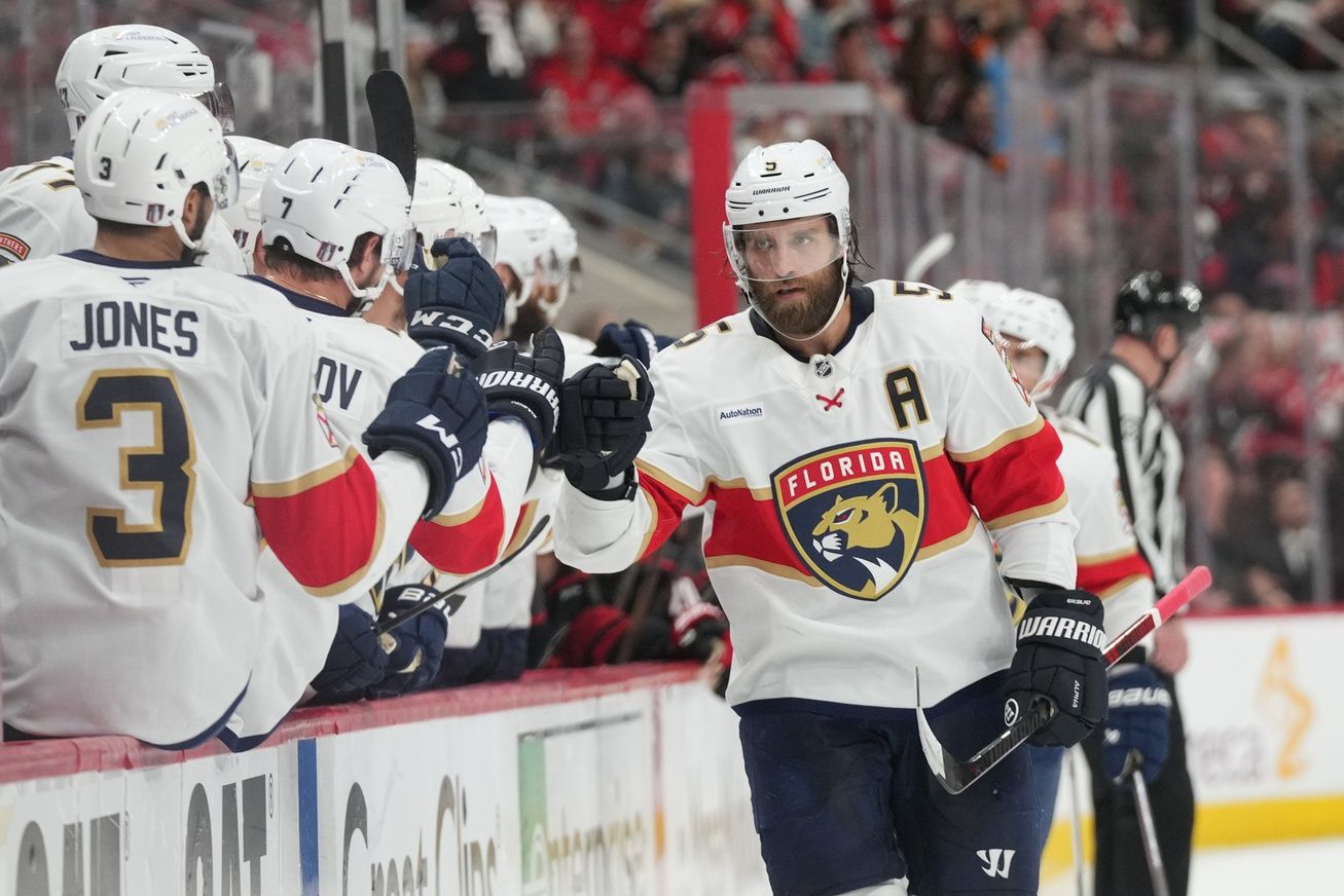 Florida Panthers defenseman Aaron Ekblad (5) celebrates scoring against the Carolina Hurricanes during the first period in game one of the Eastern Conference Final of the 2025 Stanley Cup Playoffs at Lenovo Center.