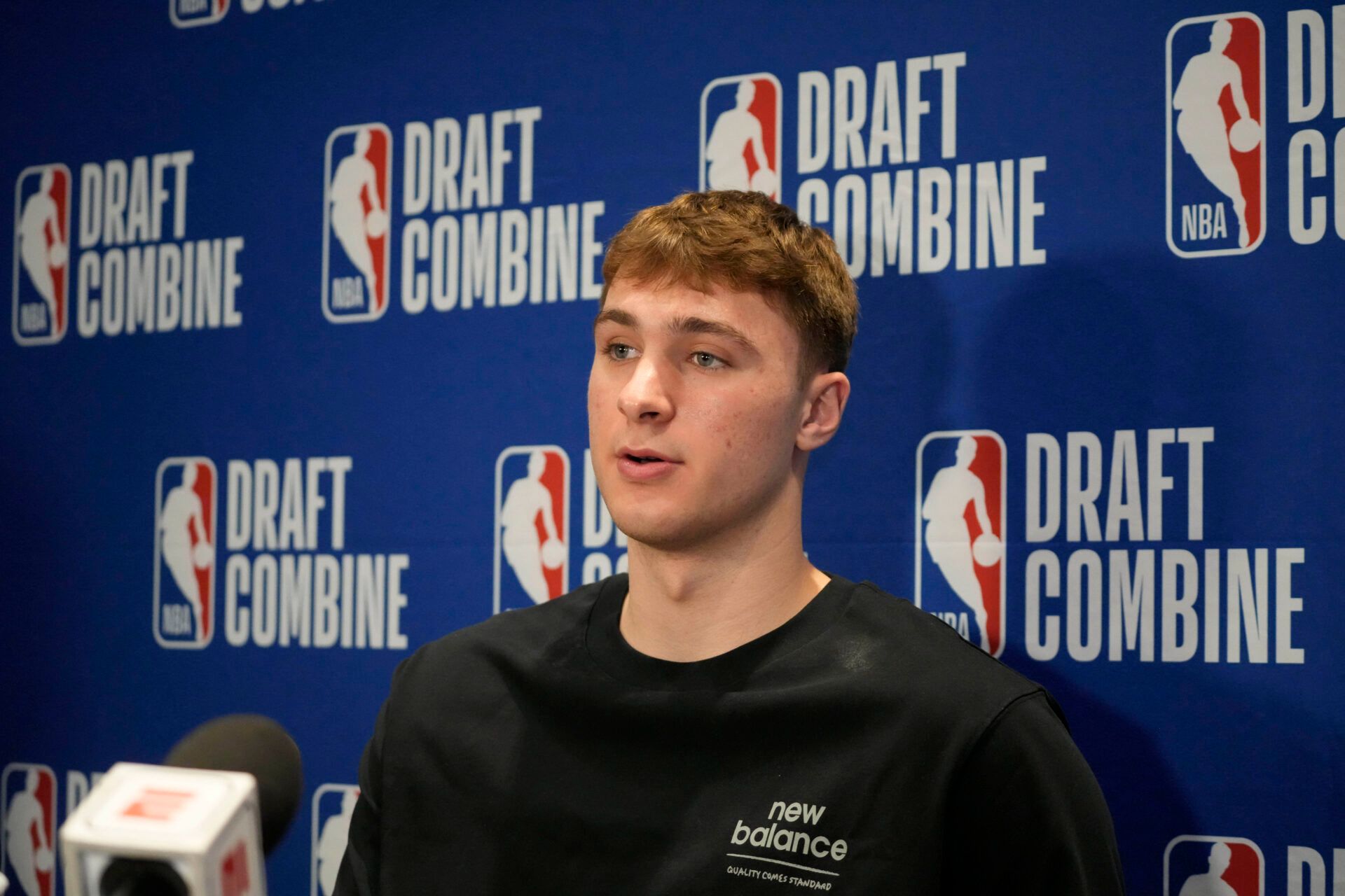 Cooper Flagg talks to the media during the 2025 NBA Draft Combine at Marriott Marquis Chicago.