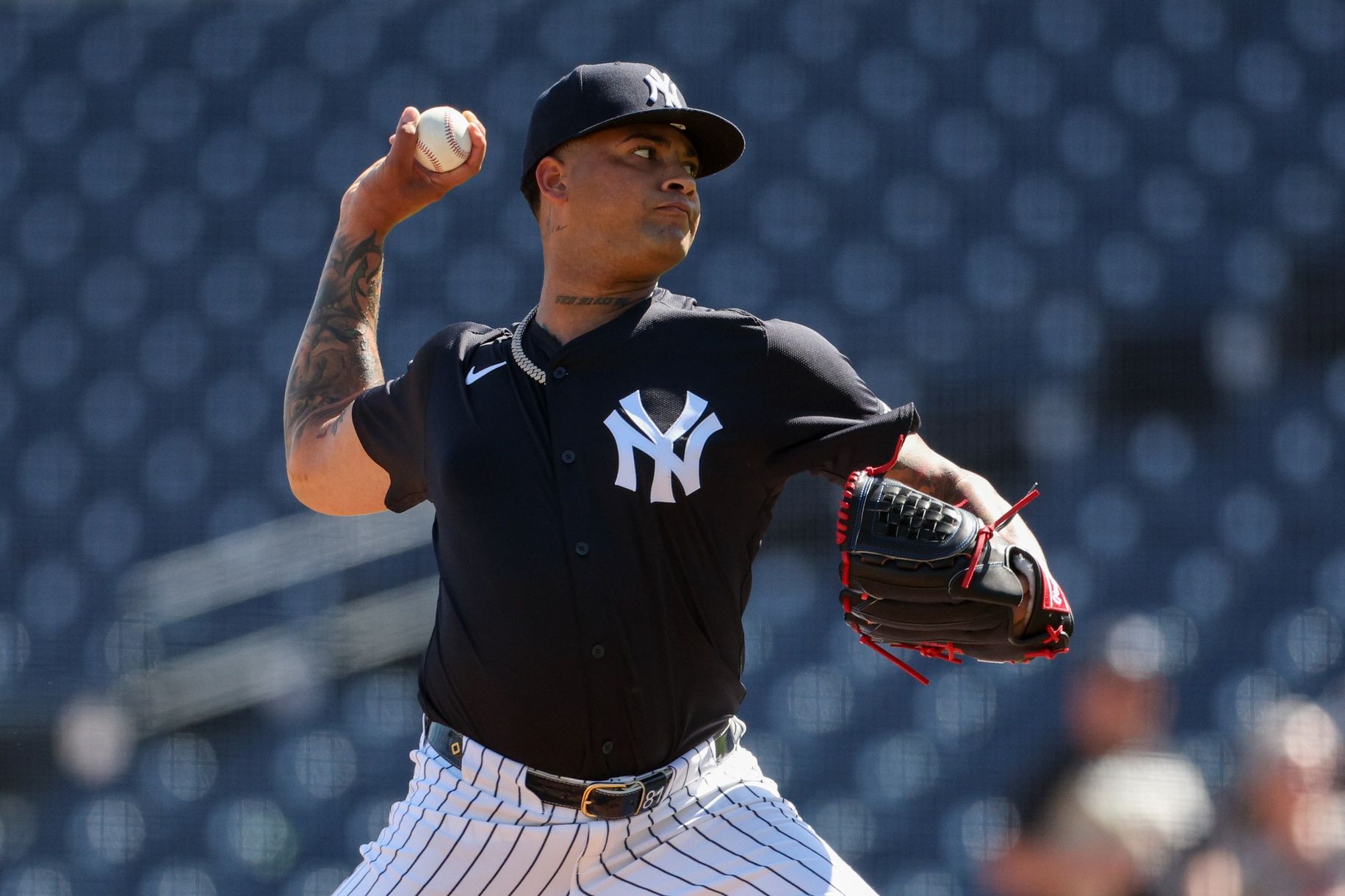 New York Yankees starting pitcher Luis Gil (81) participates in spring training workouts at George M. Steinbrenner Field.