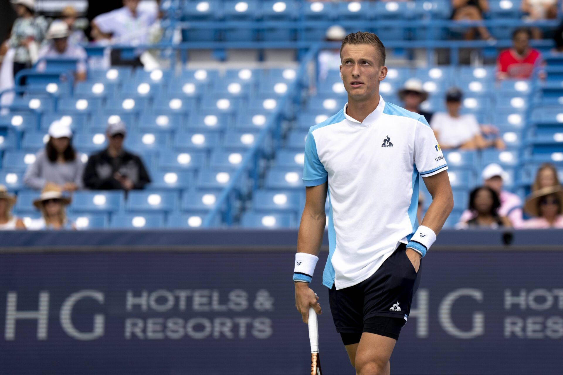 Jiri Lehecka, of Czech Republic, looks on while playing Taylor Fritz, of the United States, during the Western & Southern Open at Lindner Family Tennis Center.
