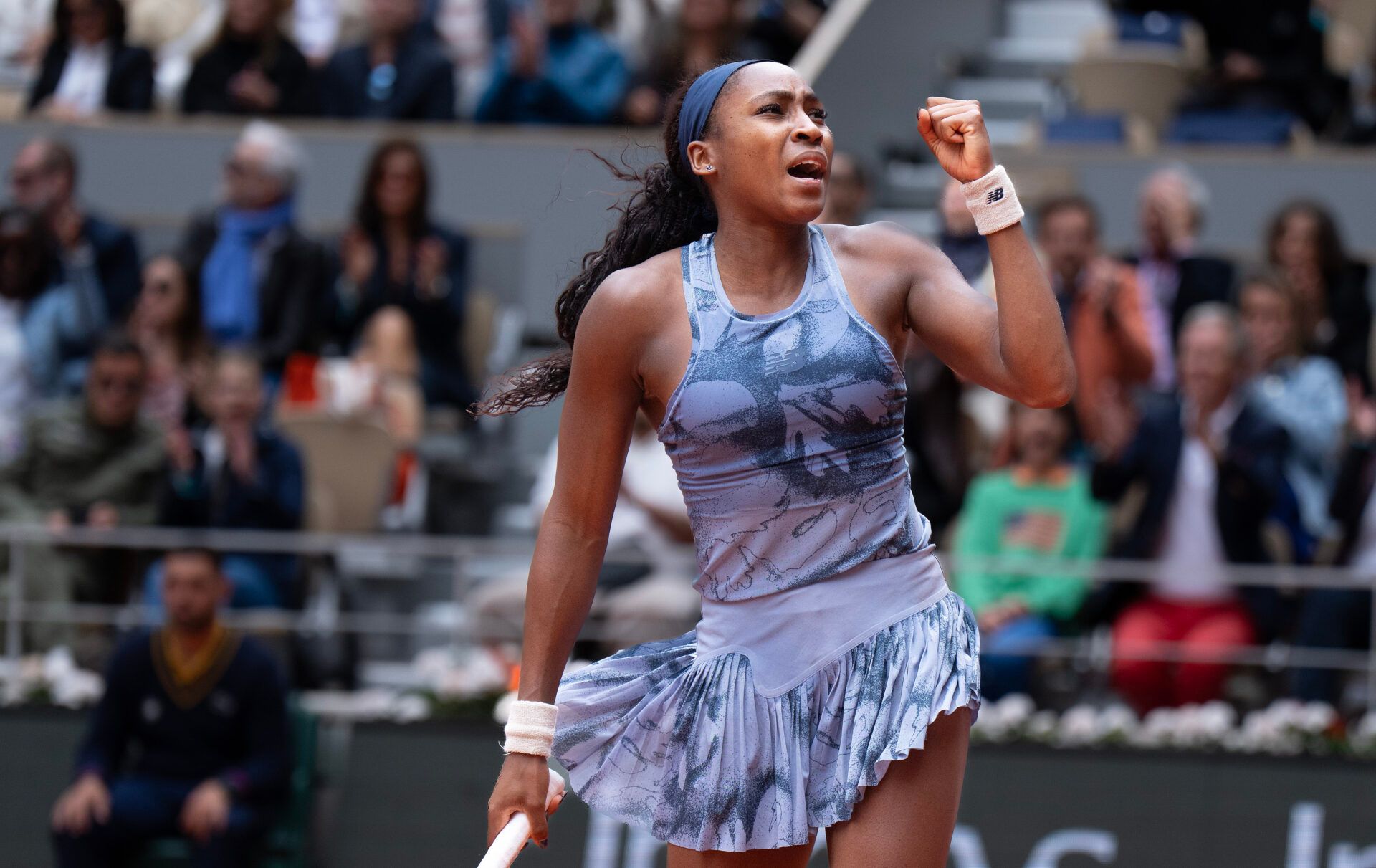 Coco Gauff of the United States reacts to a point during the womenÕs singles final against Aryna Sabalenka on day 14 at Roland Garros Stadium.