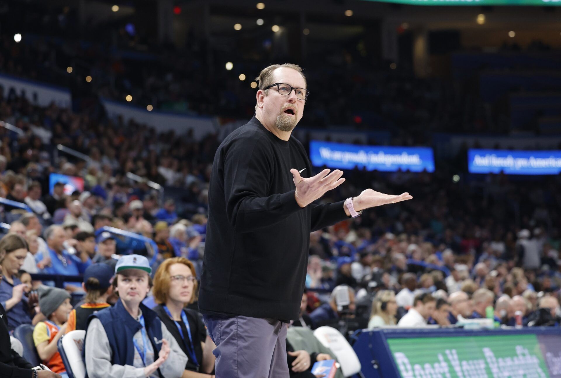 Philadelphia 76ers head coach Nick Nurse reacts after a play against the Oklahoma City Thunder during the second half at Paycom Center.