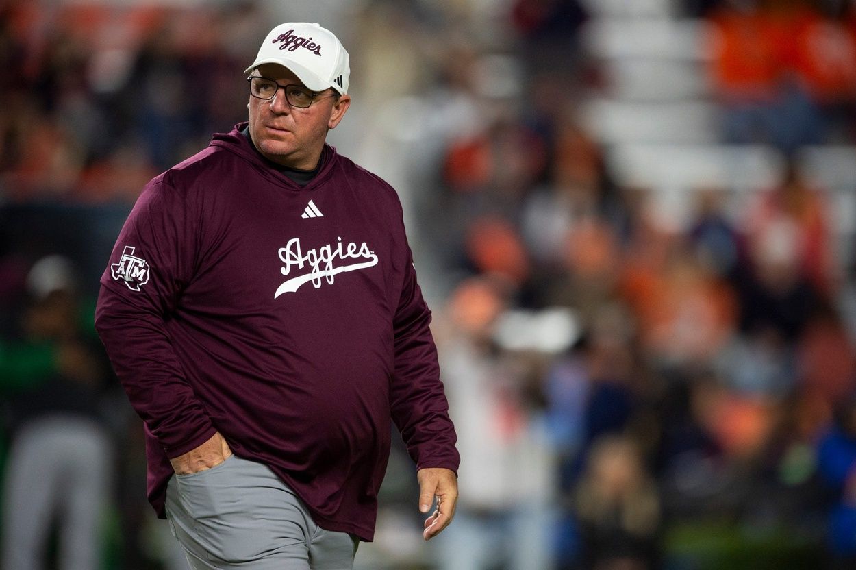 Texas A&M Aggies head coach Mike Elko during warm ups before Auburn Tigers take on Texas A&M Aggies at Jordan-Hare Stadium in Auburn, Ala., on Saturday, Sept. 7, 2024.