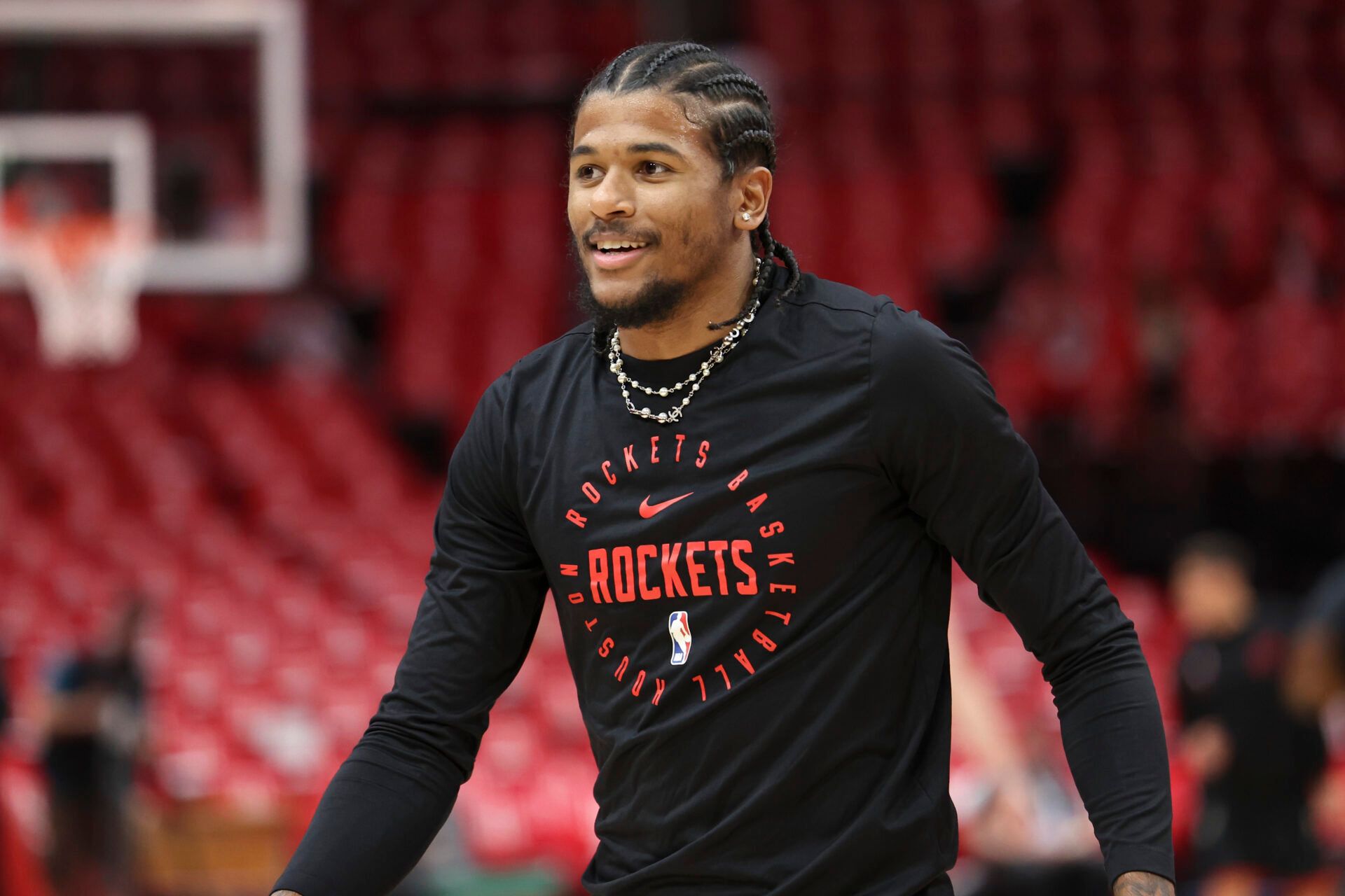 Houston Rockets guard Jalen Green (4) on the court before game seven of first round for the 2025 NBA Playoffs against the Golden State Warriors at Toyota Center.