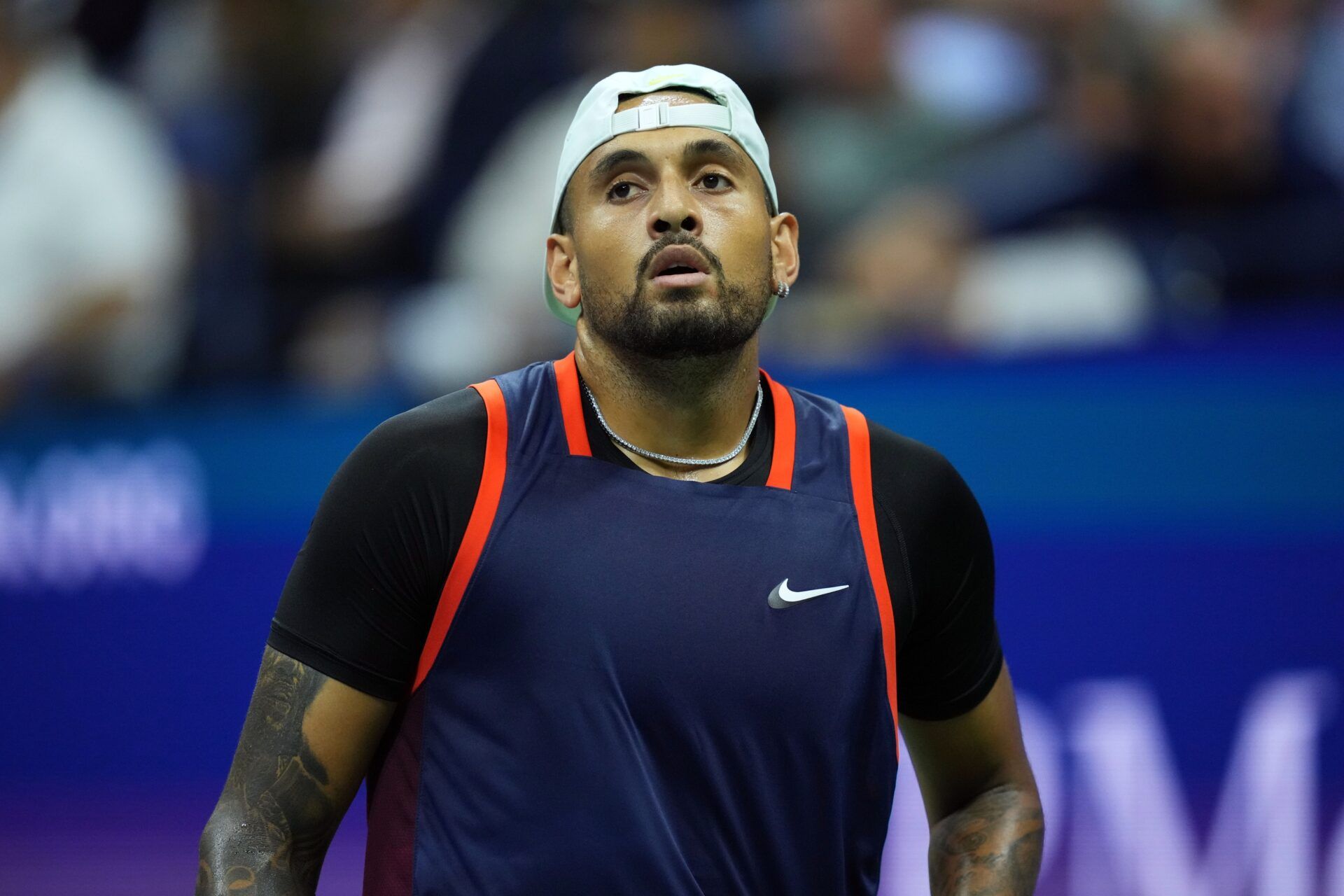 Nick Kyrgios of Australia reacts during a match against Karen Khachanov (not pictured) on day nine of the 2022 U.S. Open tennis tournament at USTA Billie Jean King Tennis Center.