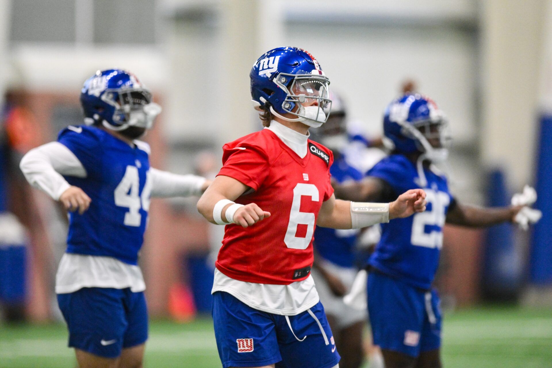 New York Giants quarterback Jaxson Dart (6) warms up during minicamp at Quest Diagnostics Training Center.
