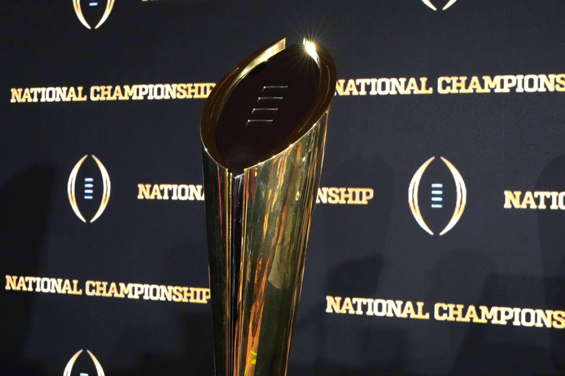 The College Football Playoff National Championship trophy at press conference at The Westin Peachtree Plaza, Savannah Ballroom.