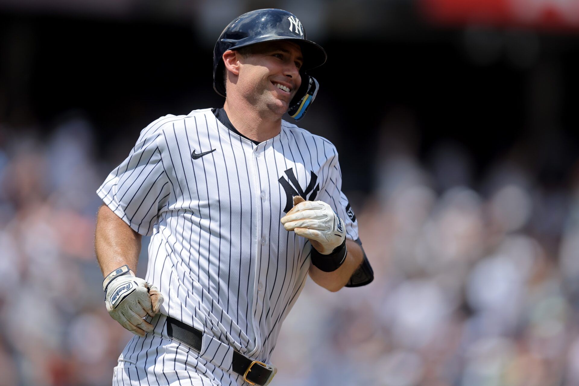 New York Yankees first baseman Paul Goldschmidt (48) rounds the bases after hitting a solo home run against the Los Angeles Angels during the second inning at Yankee Stadium.