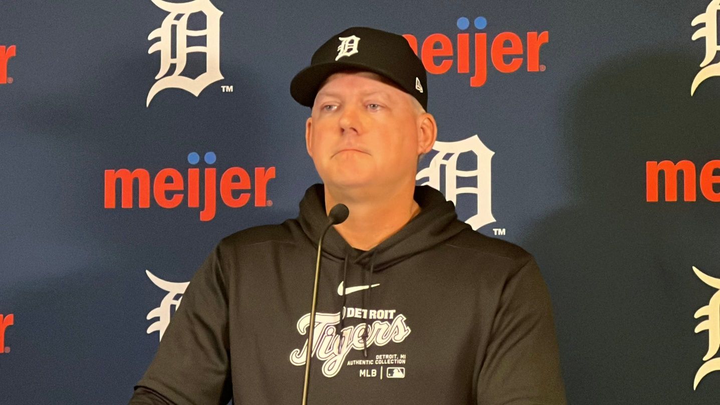 Detroit Tigers manager A.J. Hinch speaks to reporters April 5, 2024, before the home opener at Comerica Park. IMAGN
