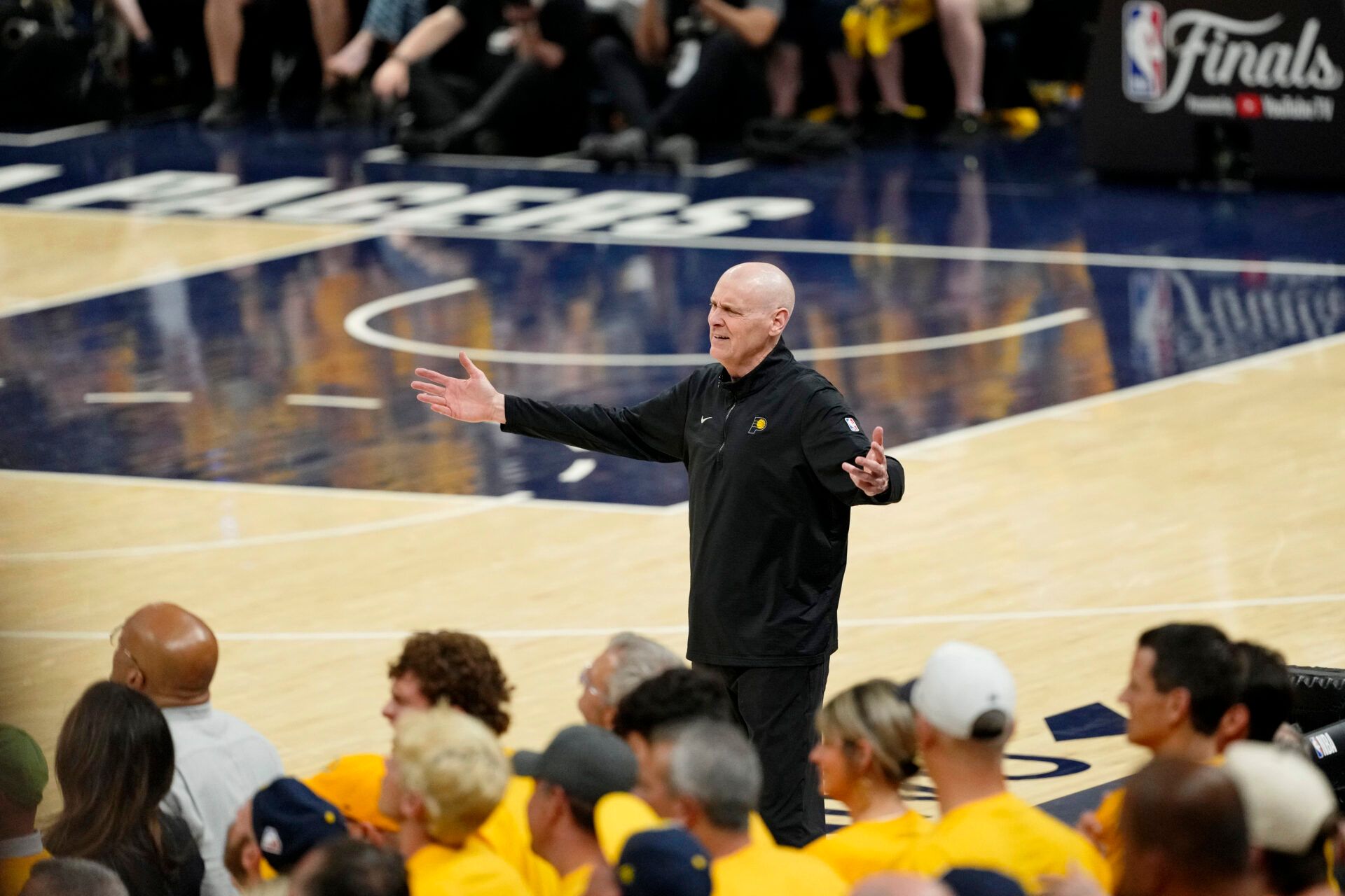 Indiana Pacers head coach Rick Carlisle reacts after a play against the Oklahoma City Thunder during the first half of game six of the 2025 NBA Finals between the Oklahoma City Thunder and the Indiana Pacers at Gainbridge Fieldhouse.