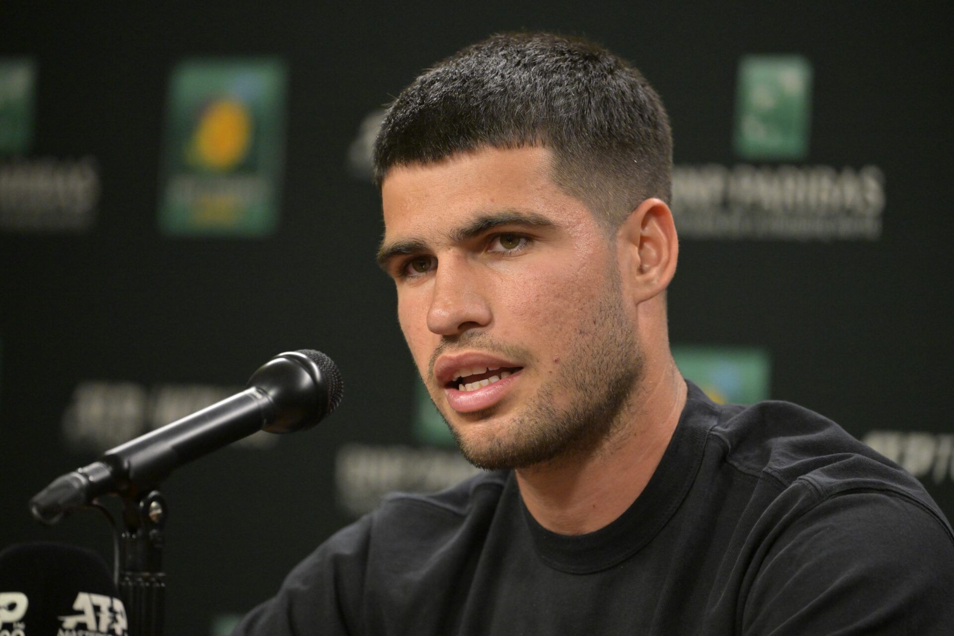 Carlos Alcaraz (ESP) talks to the media during a news conference during the BNP Paribas Open at the Indian Well Tennis Garden.