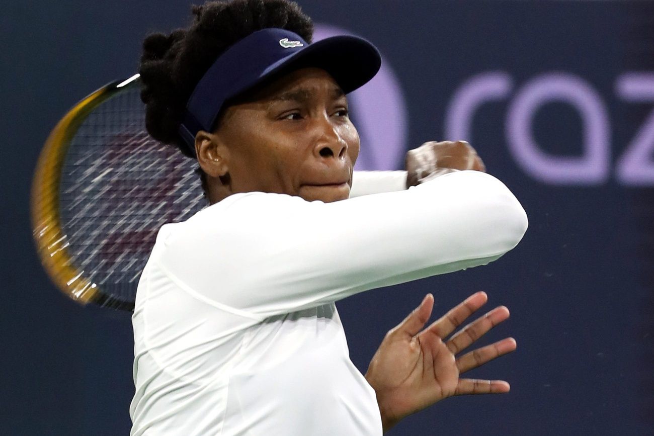 Venus Williams returns to Nao Hibino prior to their round one match being suspended due to rain at the BNP Paribas Open in Indian Wells, Calif., on Wednesday, March 6, 2024.