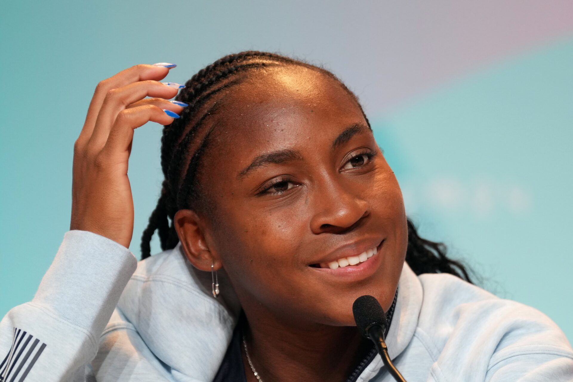 USA opening ceremonies female flag bearer Coco Gauff at a press conference at the Paris 2024 Olympics main press center at the Palais des congres de Paris.