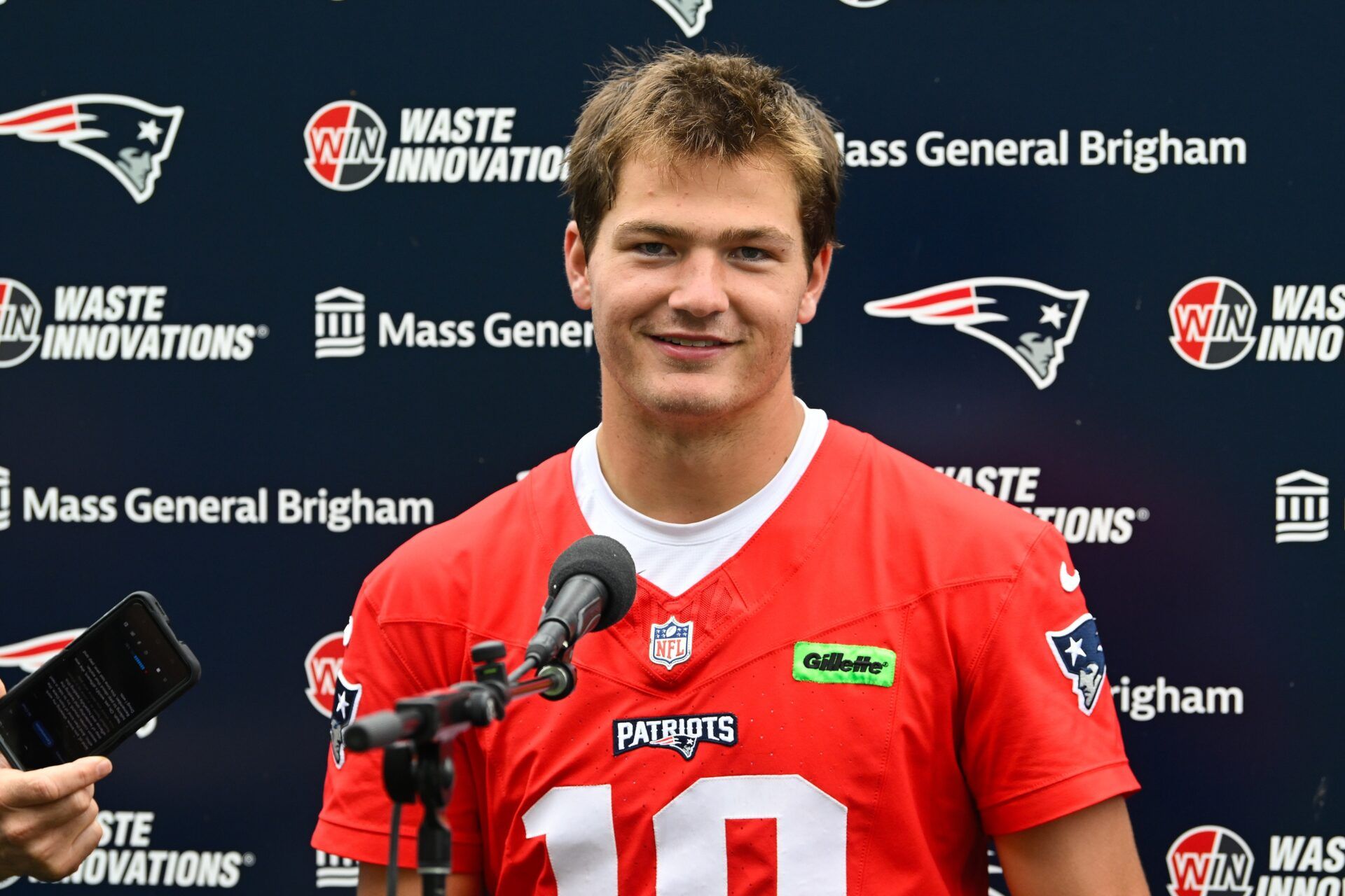 New England Patriots quarterback Drake Maye (10) holds a press conference after minicamp at Gillette Stadium.