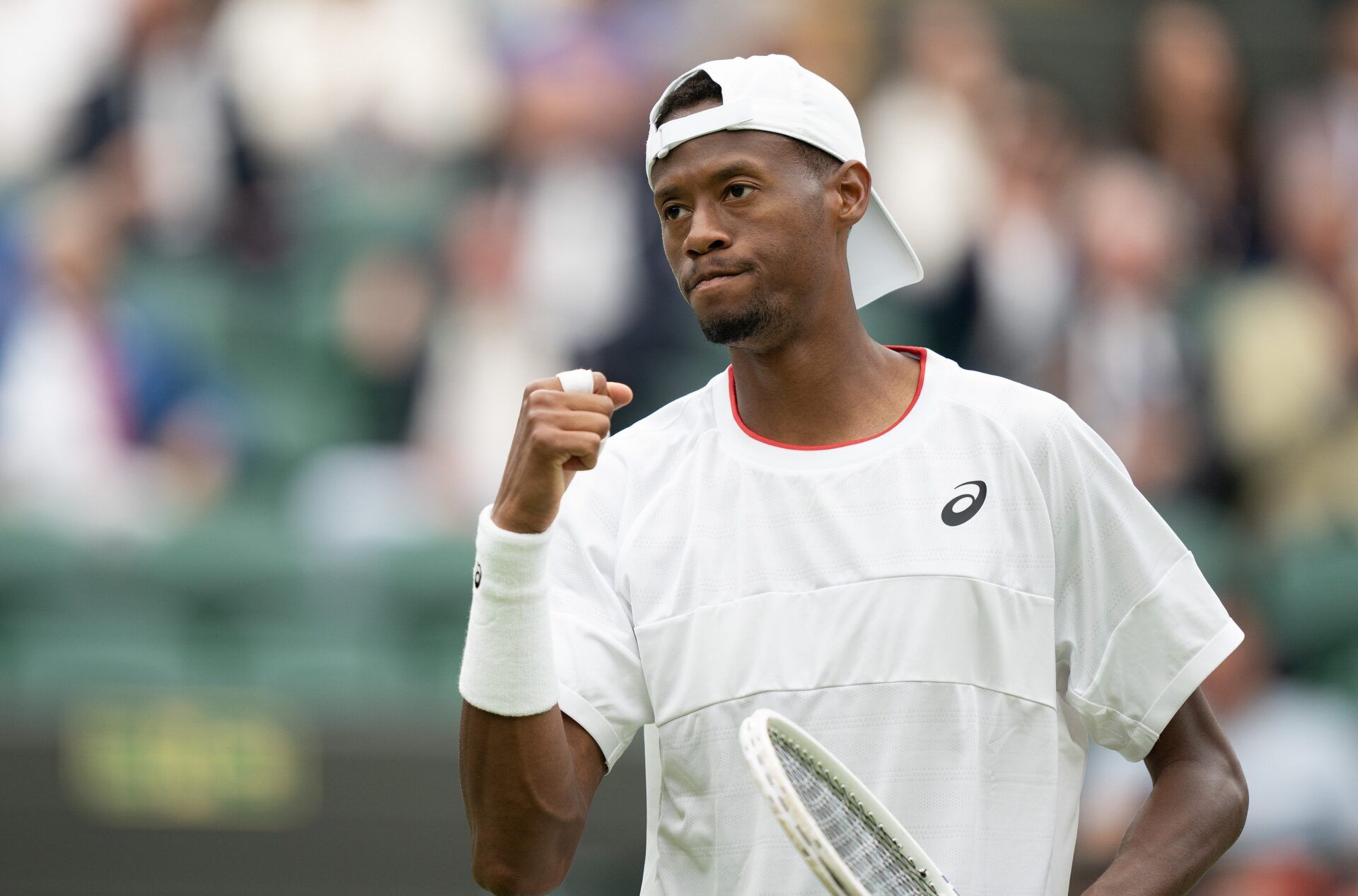 Christopher Eubanks (USA) reacts to a point during his match against Daniil Medvedev on day ten of Wimbledon at the All England Lawn Tennis and Croquet Club.