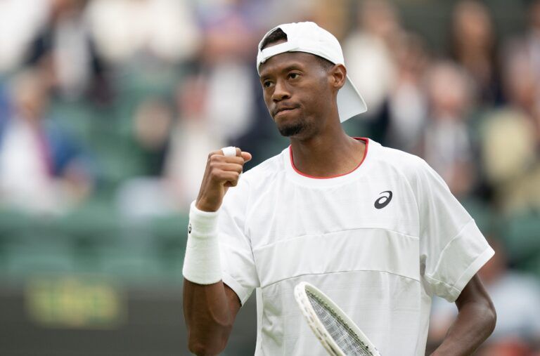 Christopher Eubanks (USA) reacts to a point during his match against Daniil Medvedev on day ten of Wimbledon at the All England Lawn Tennis and Croquet Club.