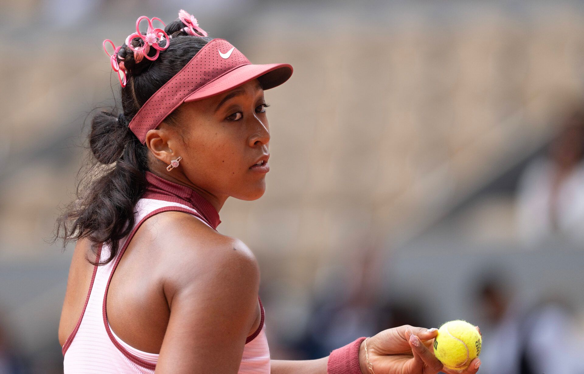 Naomi Osaka of Japan during her match against Paula Badosa of Spain on day two at Roland Garros Stadium.
