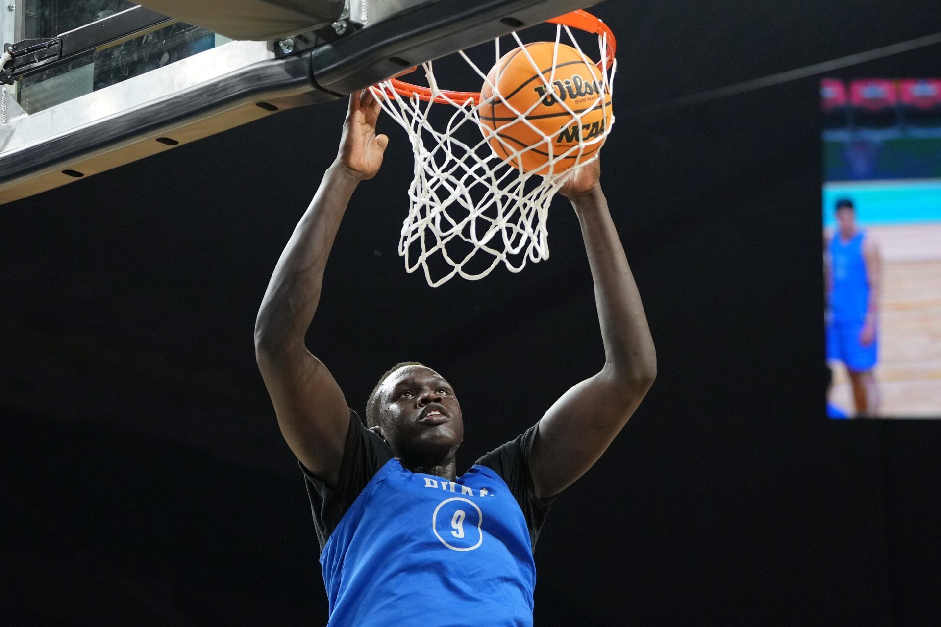 Duke Blue Devils center Khaman Maluach (9) during a practice session for the Final Four of the 2025 NCAA tournament at Alamodome.