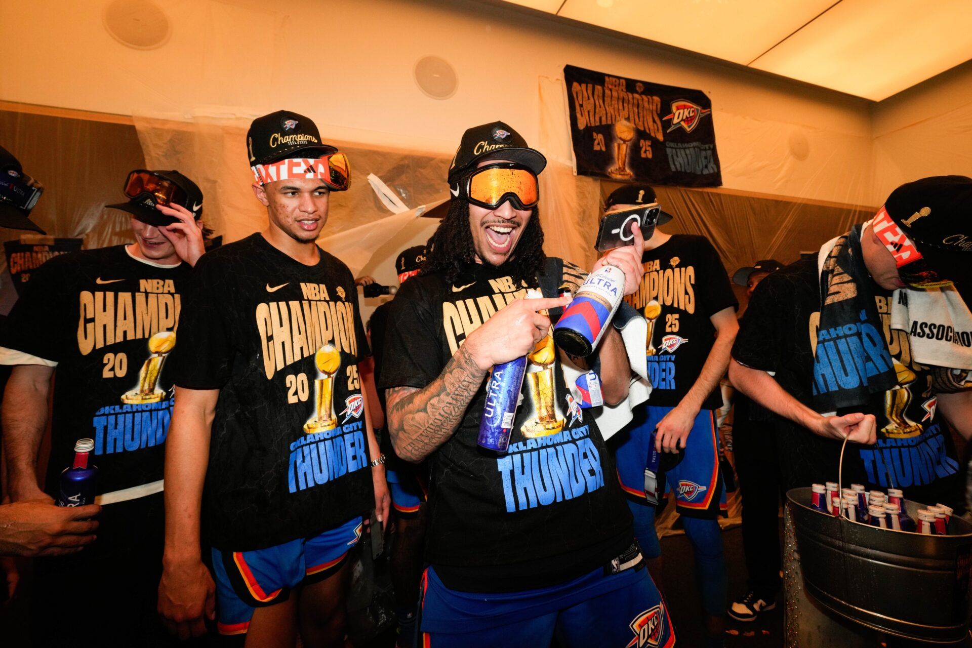 Oklahoma City Thunder forward Jaylin Williams (6) celebrates after winning game seven of the 2025 NBA Finals against the Indiana Pacers at Paycom Center.