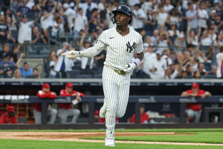 New York Yankees third baseman Jazz Chisholm Jr. (13) reacts after hitting a  solo home run during the second inning against the Los Angeles Angels at Yankee Stadium.