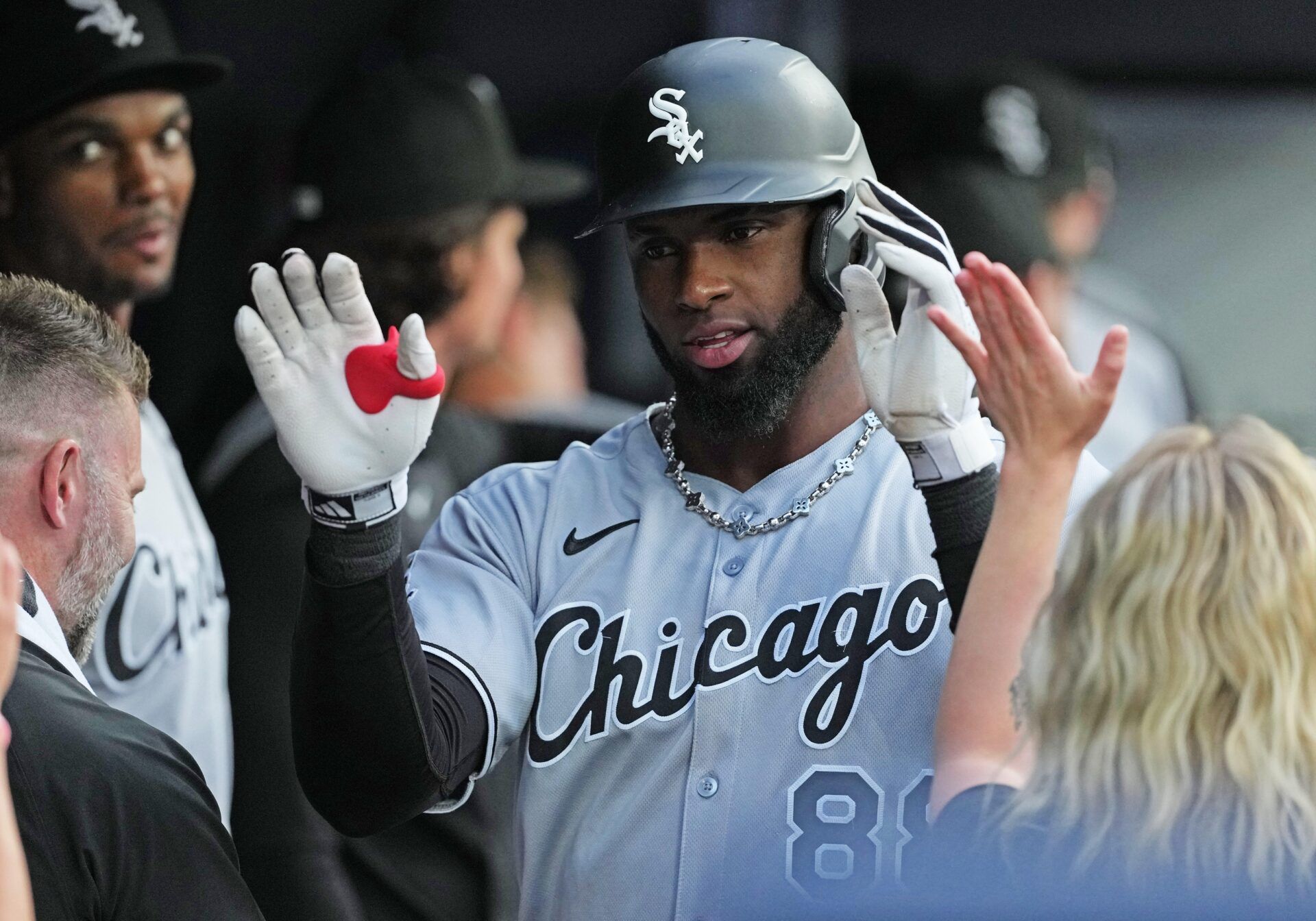 Chicago White Sox centre fielder Luis Robert Jr. (88) celebrates in the dugout after hitting a two run home run against the Toronto Blue Jays during the third inning at Rogers Centre.
