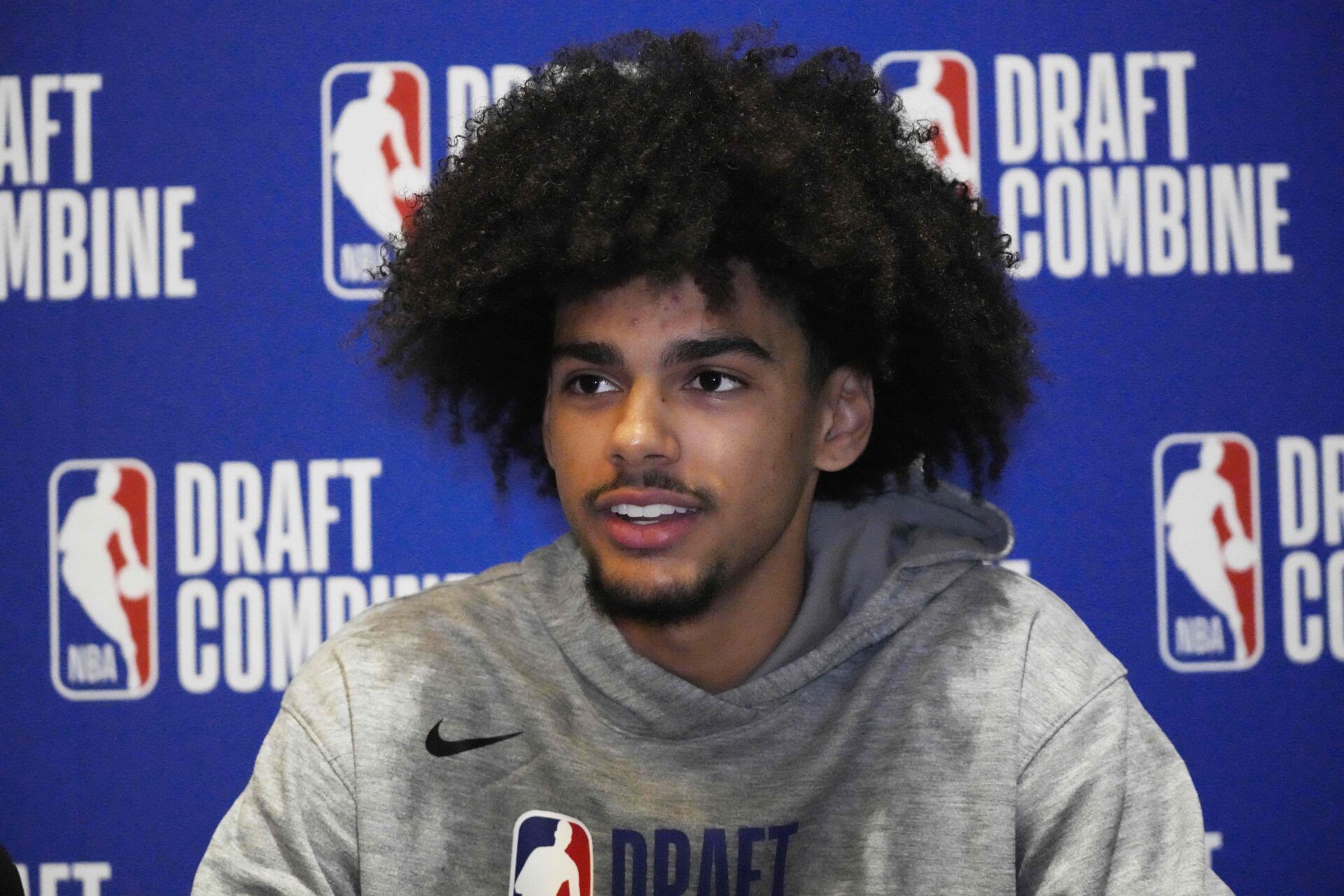 Asa Newell talks to the media during the 2025 NBA Draft Combine at Marriott Marquis Chicago.