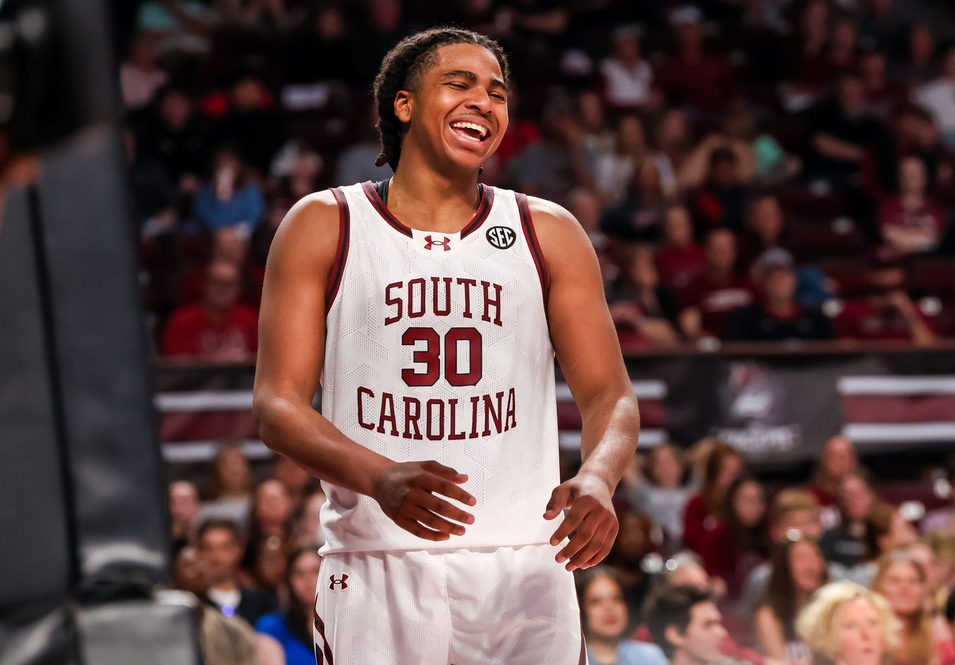 South Carolina Gamecocks forward Collin Murray-Boyles (30) celebrates a play against the Arkansas Razorbacks in the second half at Colonial Life Arena.