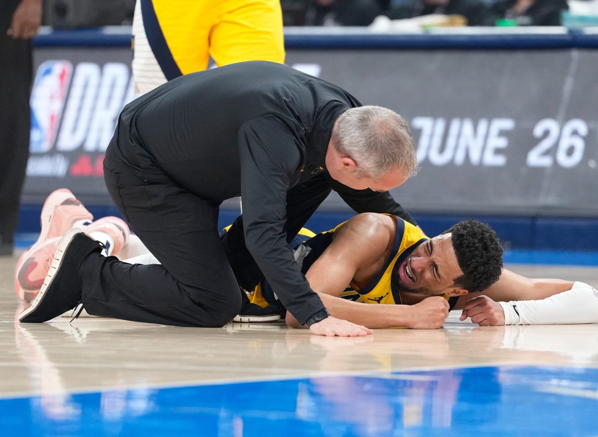 Indiana Pacers guard Tyrese Haliburton (0) reacts after suffering an injury during the first quarter against the Oklahoma City Thunder during game seven of the 2025 NBA Finals at Paycom Center.