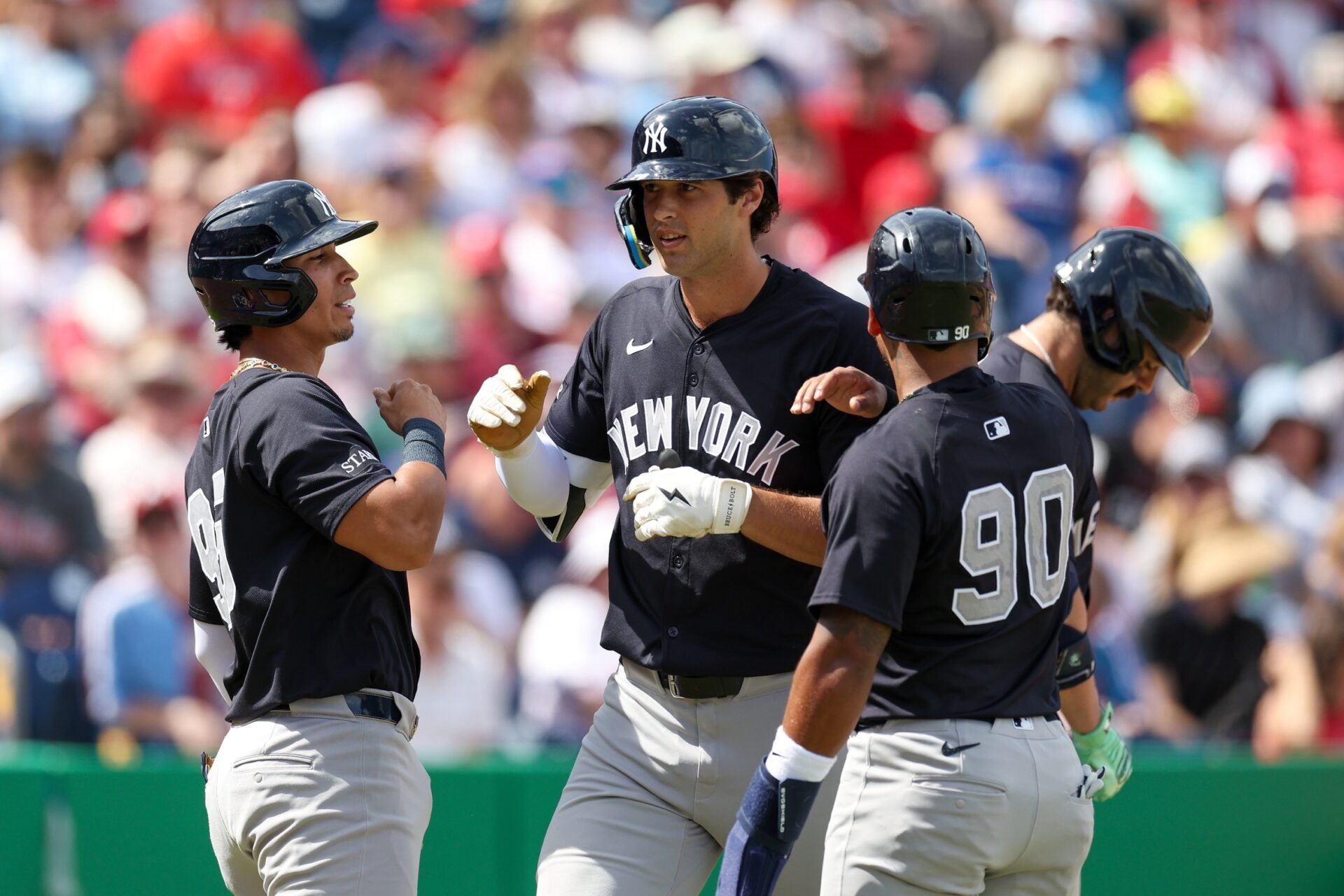 New York Yankees outfielder Spencer Jones (78) runs the bases after hitting a three-run home run against the Philadelphia Phillies in the third inning during spring training at BayCare Ballpark.