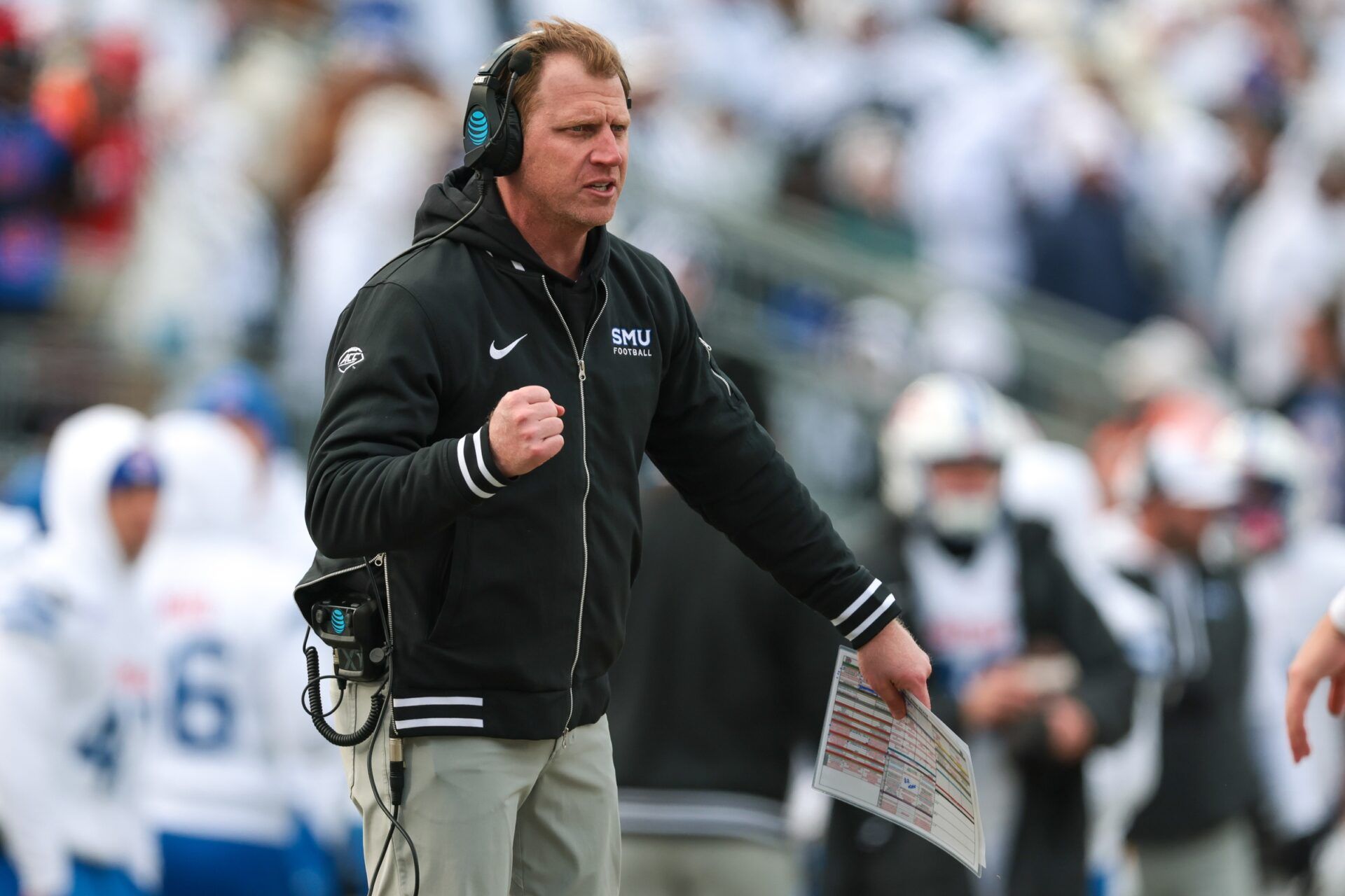Southern Methodist Mustangs head coach Rhett Lashlee reacts during the first half against the Penn State Nittany Lions at Beaver Stadium.