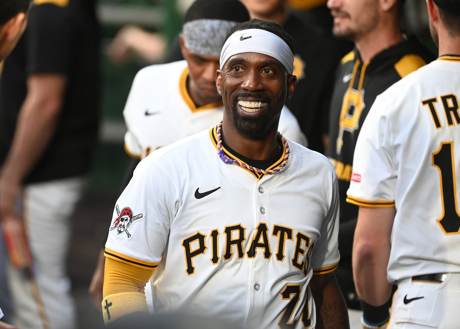 Pittsburgh Pirates designated hitter Andrew McCutchen (20) celebrates after scoring against the Miami Marlins during the third inning at PNC Park.
