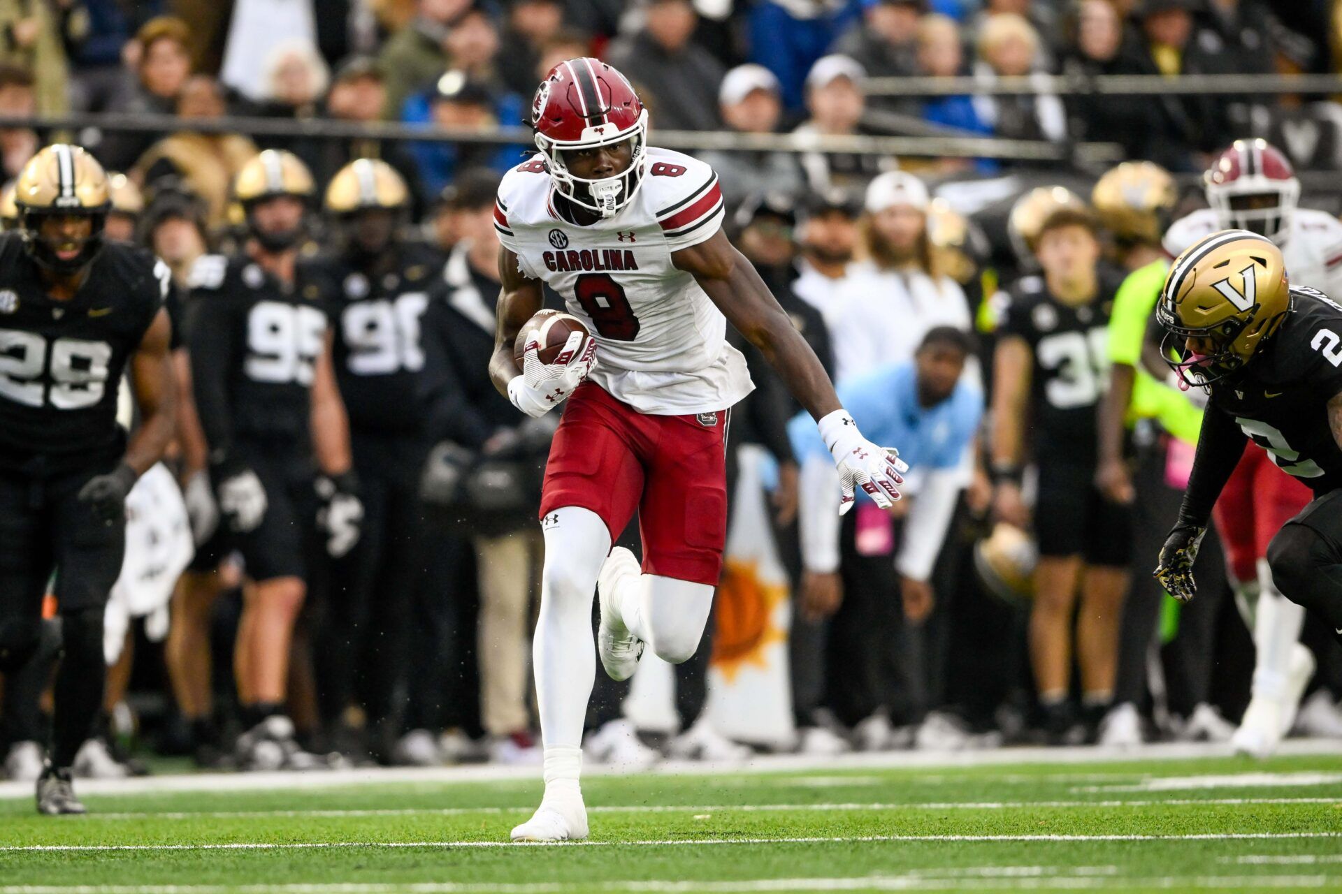 South Carolina Gamecocks wide receiver Nyck Harbor (8) runs the ball after a made catch against the Vanderbilt Commodores during the first half at FirstBank Stadium.