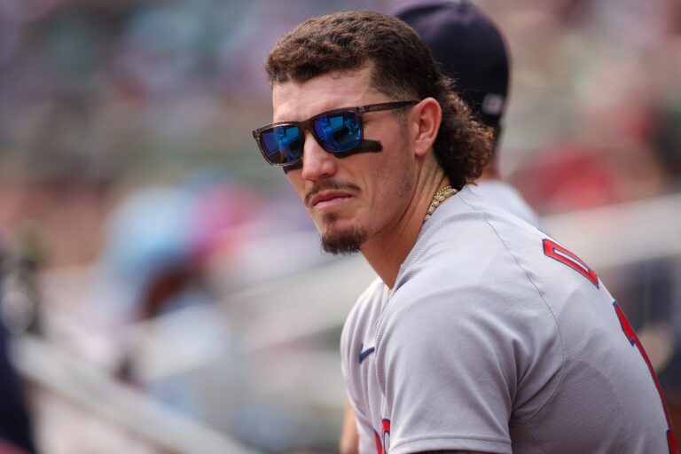 Boston Red Sox left fielder Jarren Duran (16) in the dugout against the Atlanta Braves in the second inning at Truist Park.