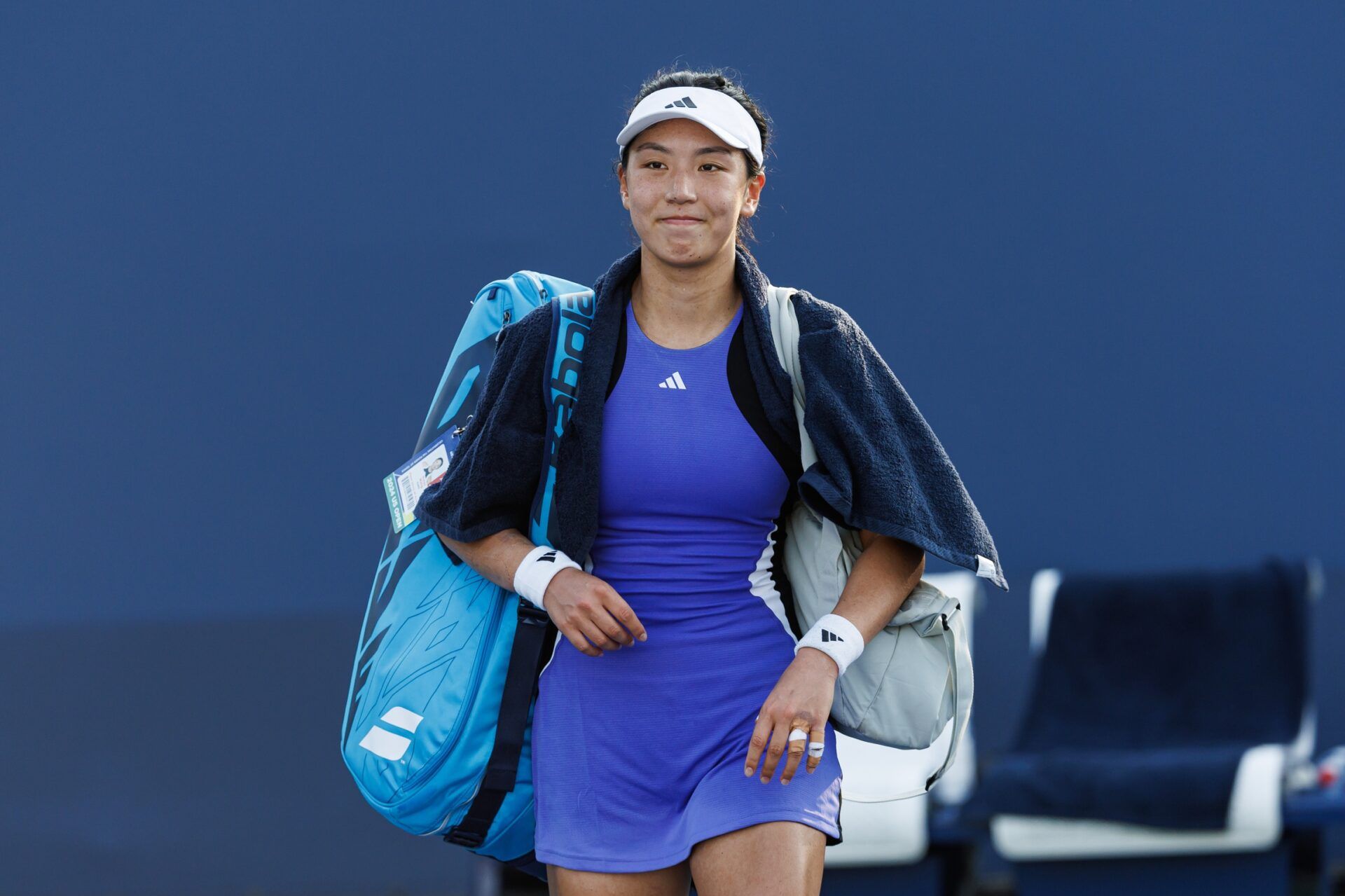Xinyu Wang of China in action celebrates her victory over Arina Rodionova of Australia in the first round of the women’s singles in the US Open at the USTA Billie Jean King Tennis Center.