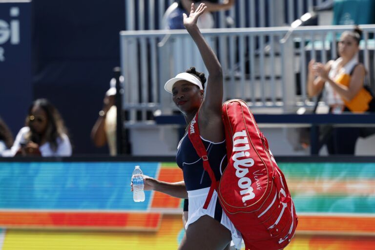 Venus Williams (USA) waves to the crowd while leaving the court after her match against Diana Shnaider (not pictured) on day two of the Miami Open at Hard Rock Stadium.
