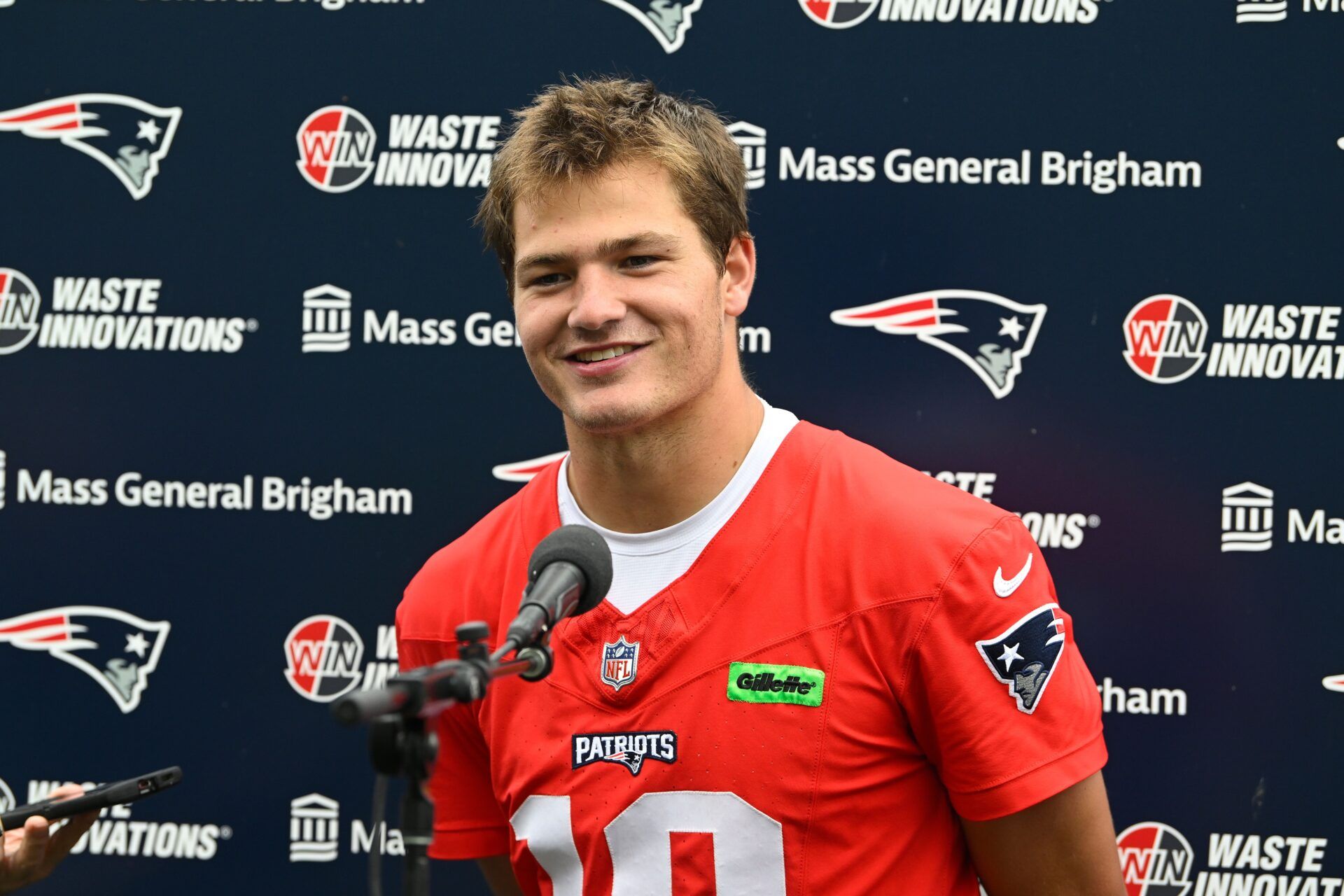 New England Patriots quarterback Drake Maye (10) holds a press conference after minicamp at Gillette Stadium.