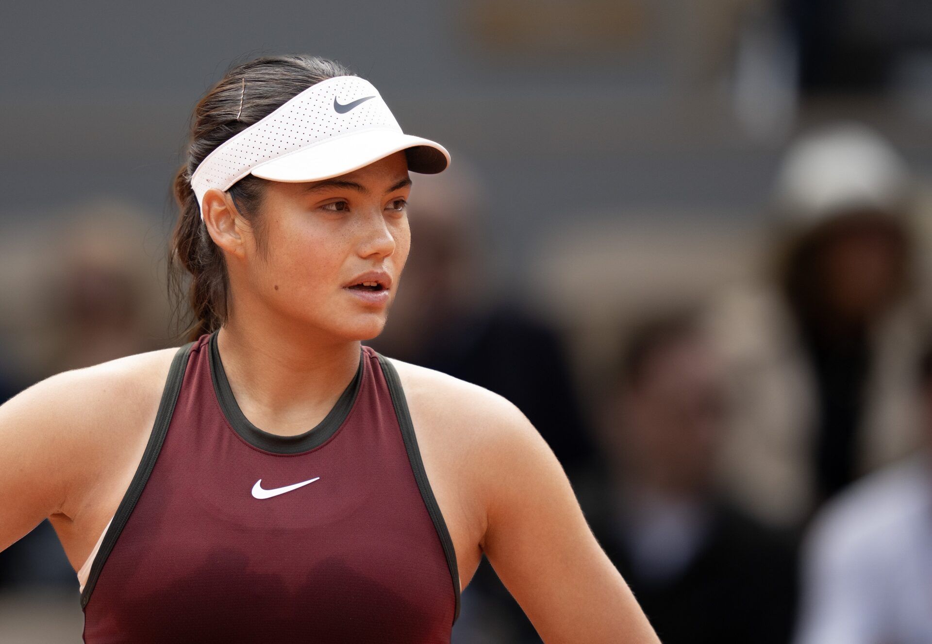 Emma Raducanu of Great Britain during her match against Iga Swiatek of Poland on day four at Roland Garros Stadium.