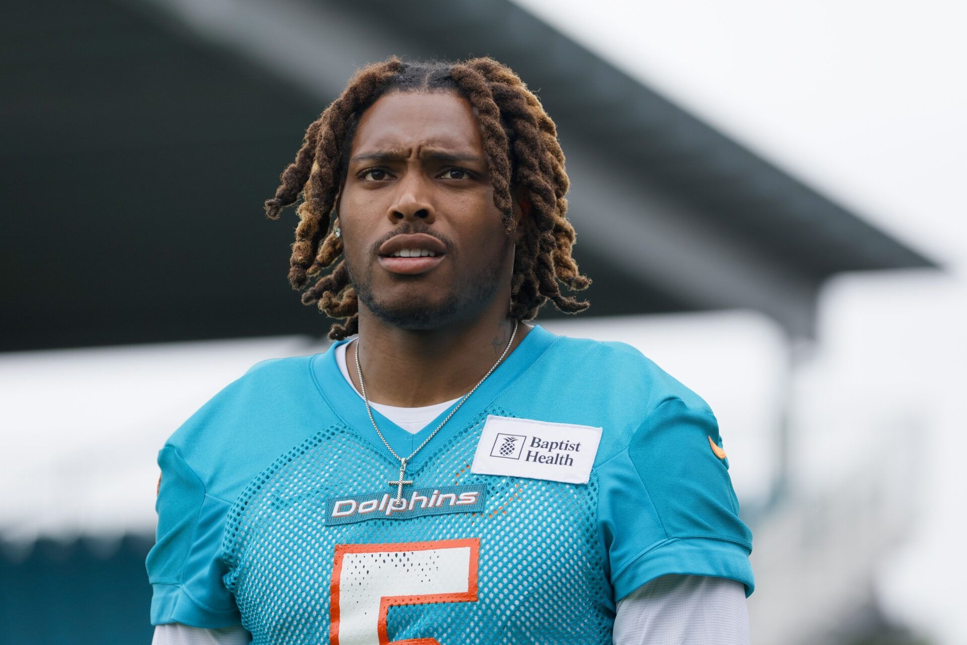 Miami Dolphins cornerback Jalen Ramsey (5) looks on during mandatory minicamp at the Baptist Health Training Complex.