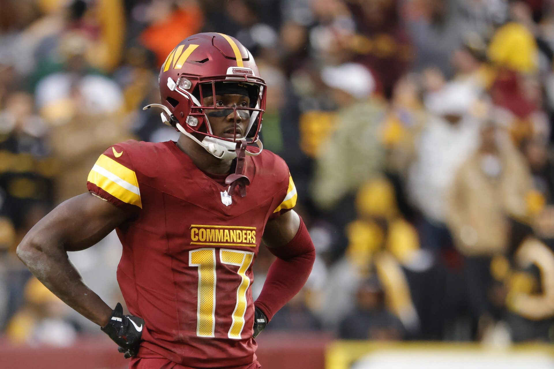 Washington Commanders wide receiver Terry McLaurin (17) looks on from the field during final minute of the game against the Pittsburgh Steelers at Northwest Stadium.