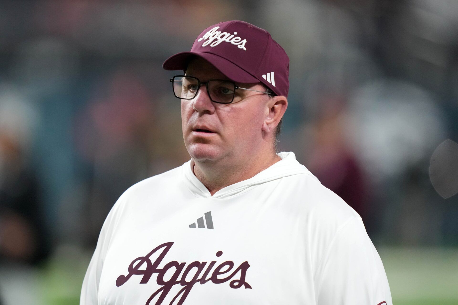 Texas A&M Aggies head coach Mike Elko reacts against the Southern California Trojans in the first half at Allegiant Stadium.