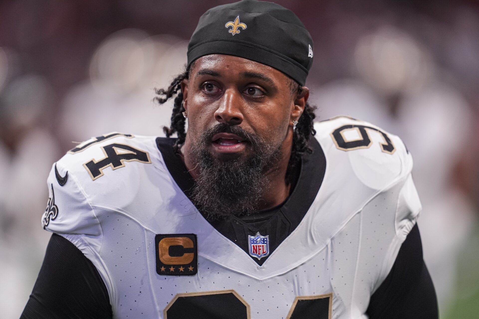 New Orleans Saints defensive end Cameron Jordan (94) shown on the field before the game against the Atlanta Falcons at Mercedes-Benz Stadium.