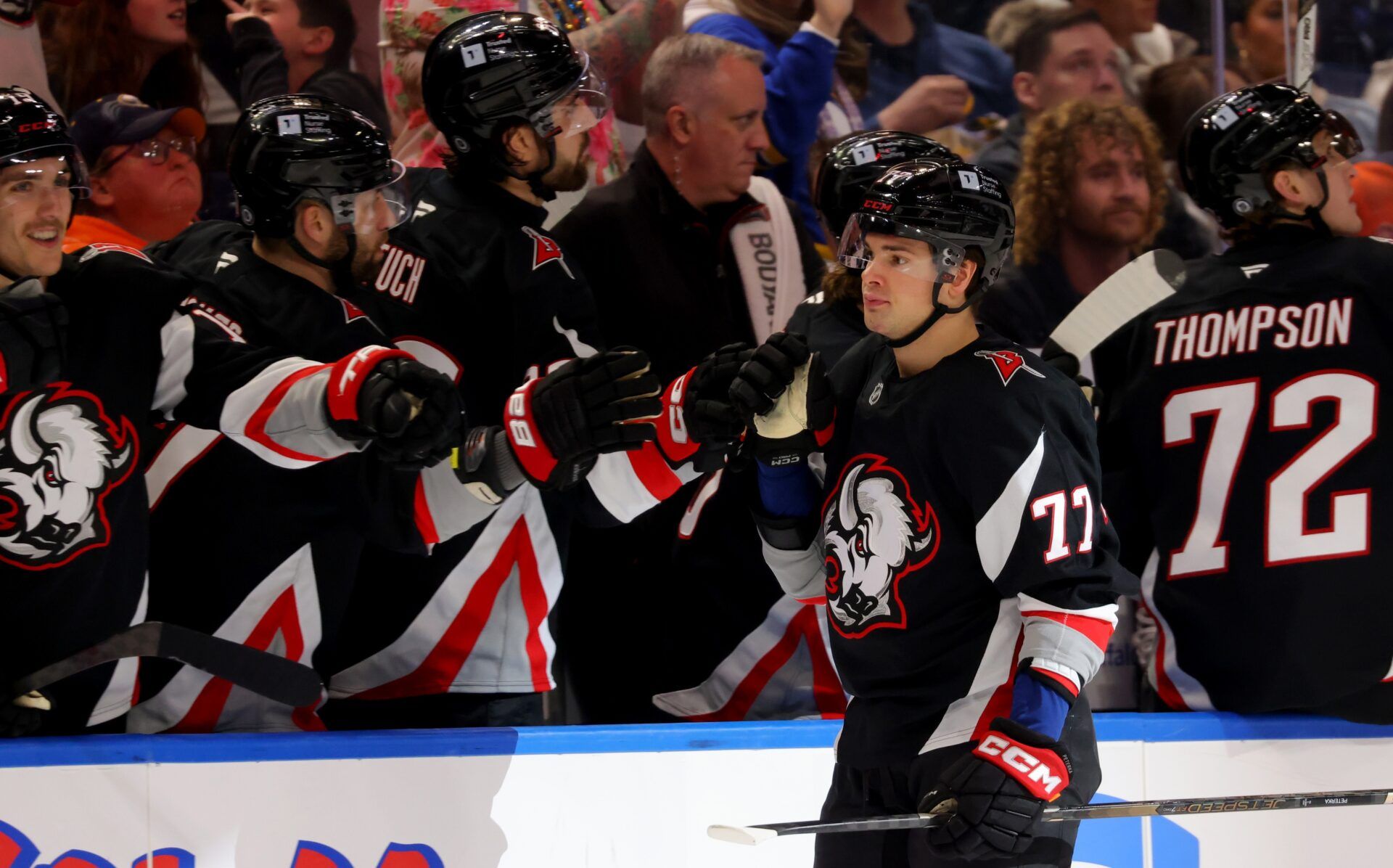 Buffalo Sabres right wing JJ Peterka (77) celebrates his goal with teammates during the third period against the Carolina Hurricanes at KeyBank Center.