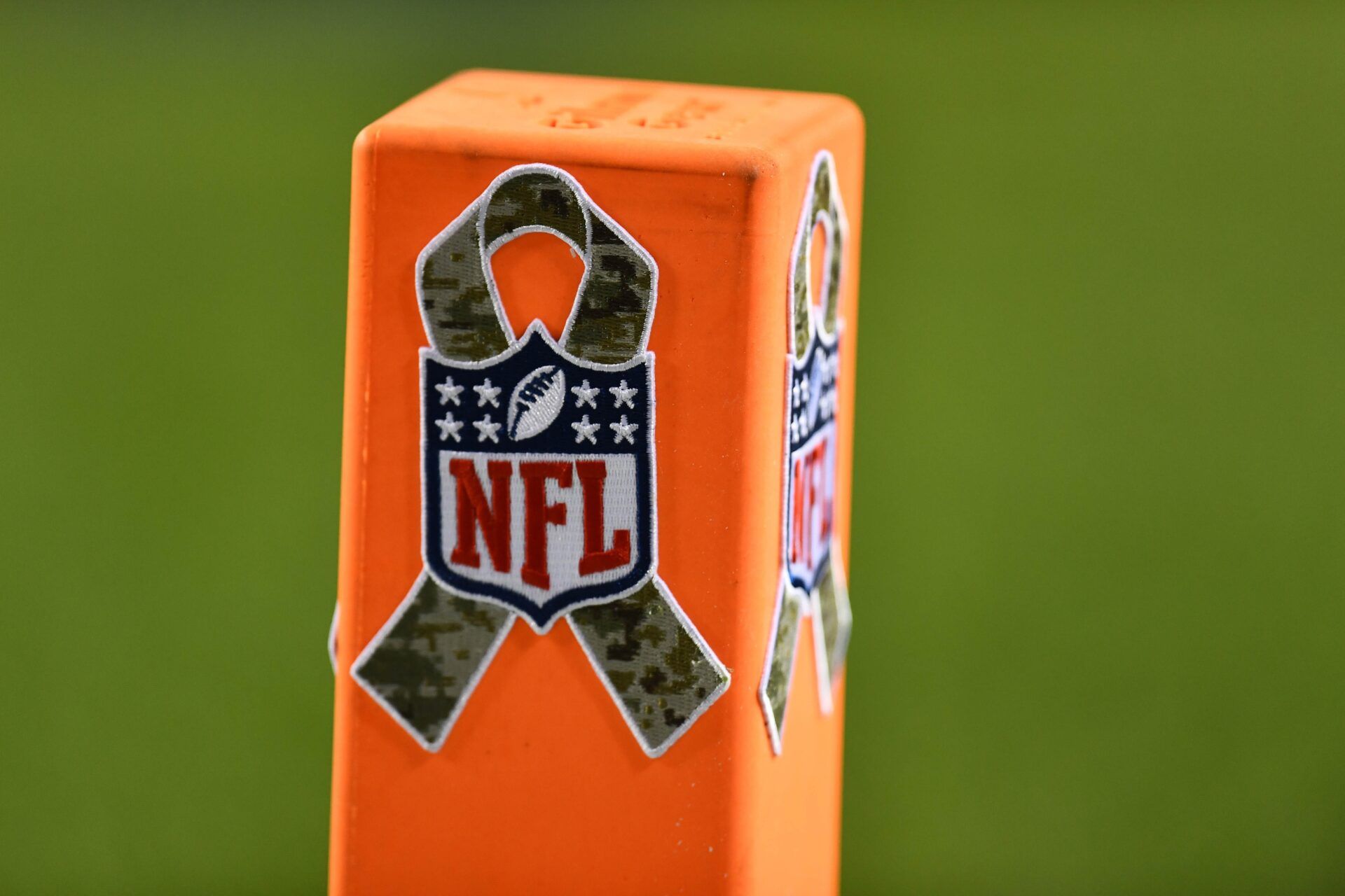 General view of NFL salute to veterans emblem on a goal line marker in the second half of the game between the Kansas City Chiefs against the Denver Broncos at Sports Authority Field at Mile High.